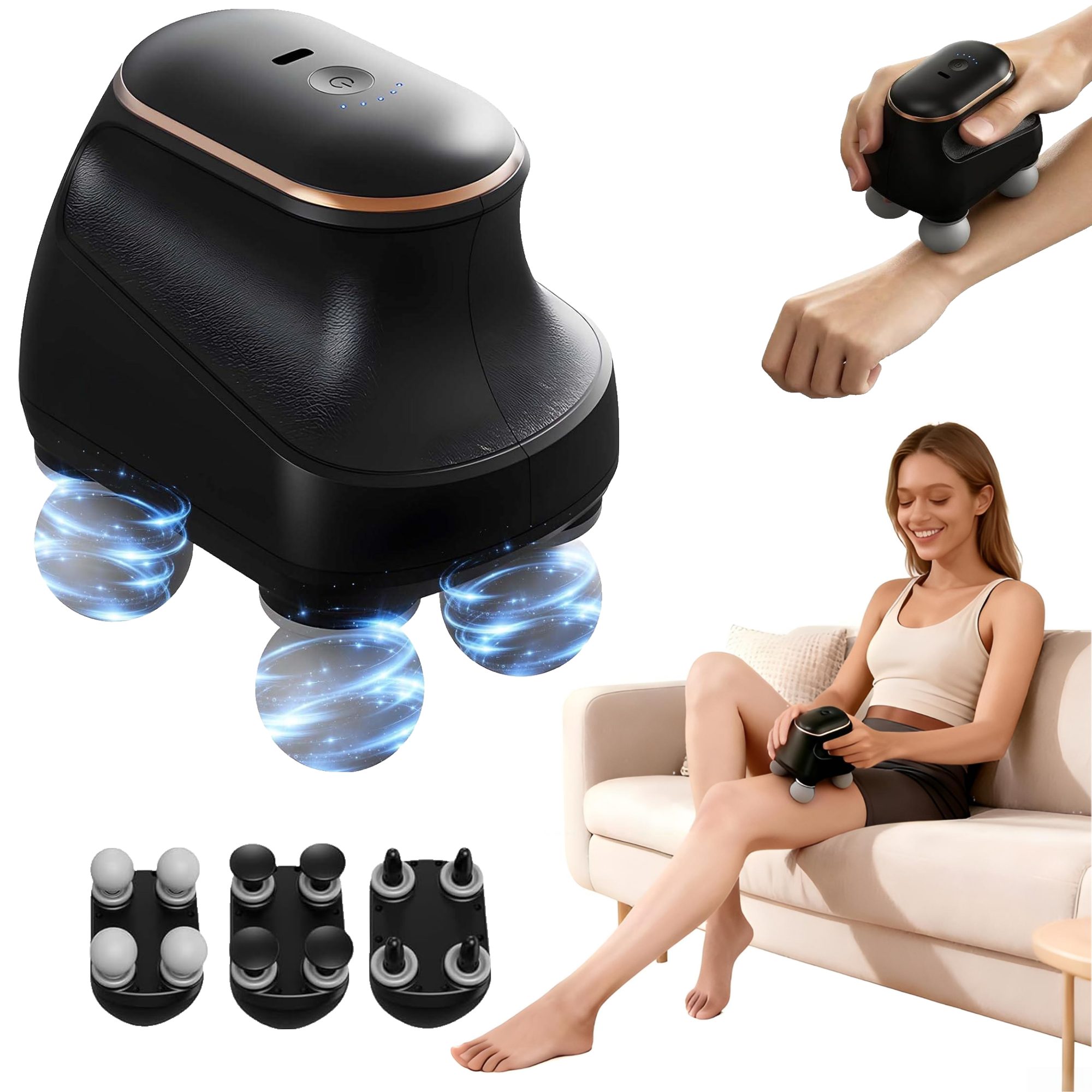 ibettertec Massagegerät 4-köpfige Massagepistole,Handmassagegeräte,Muskelmassager, 5 Geschwindigkeitsstufen, 3 Massageaufsatztypen, über USB aufladbar, Geschenk,Tragbares elektrisches Muskelmassagegerät, Geeignet für Nacken, Rücken, Schultern und Beine,schwarz