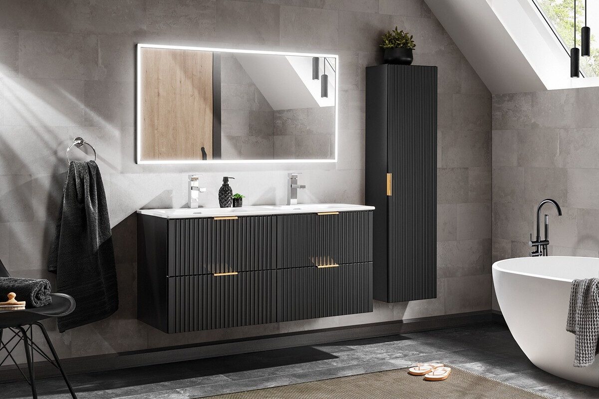 Badmöbel-Set - Adel Black A - mit Möbelwaschbecken, Hochschrank & Spiegel