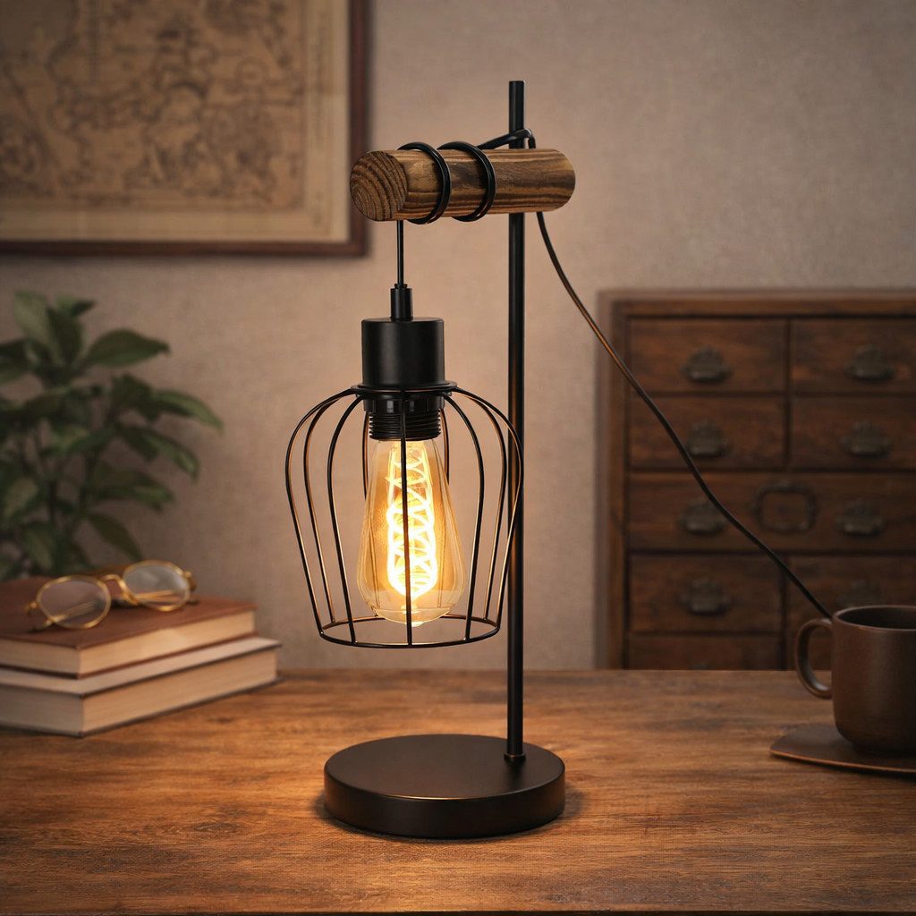 ZMH Tischleuchte Wohnzimmer Retro Schwarz-Holz Nachttischlampe Industrial Design E27, Einfache Installation, ohne Leuchtmittel, 1 Flammig Vintage Tischleuchte im Industrial Design aus Metall Esstich