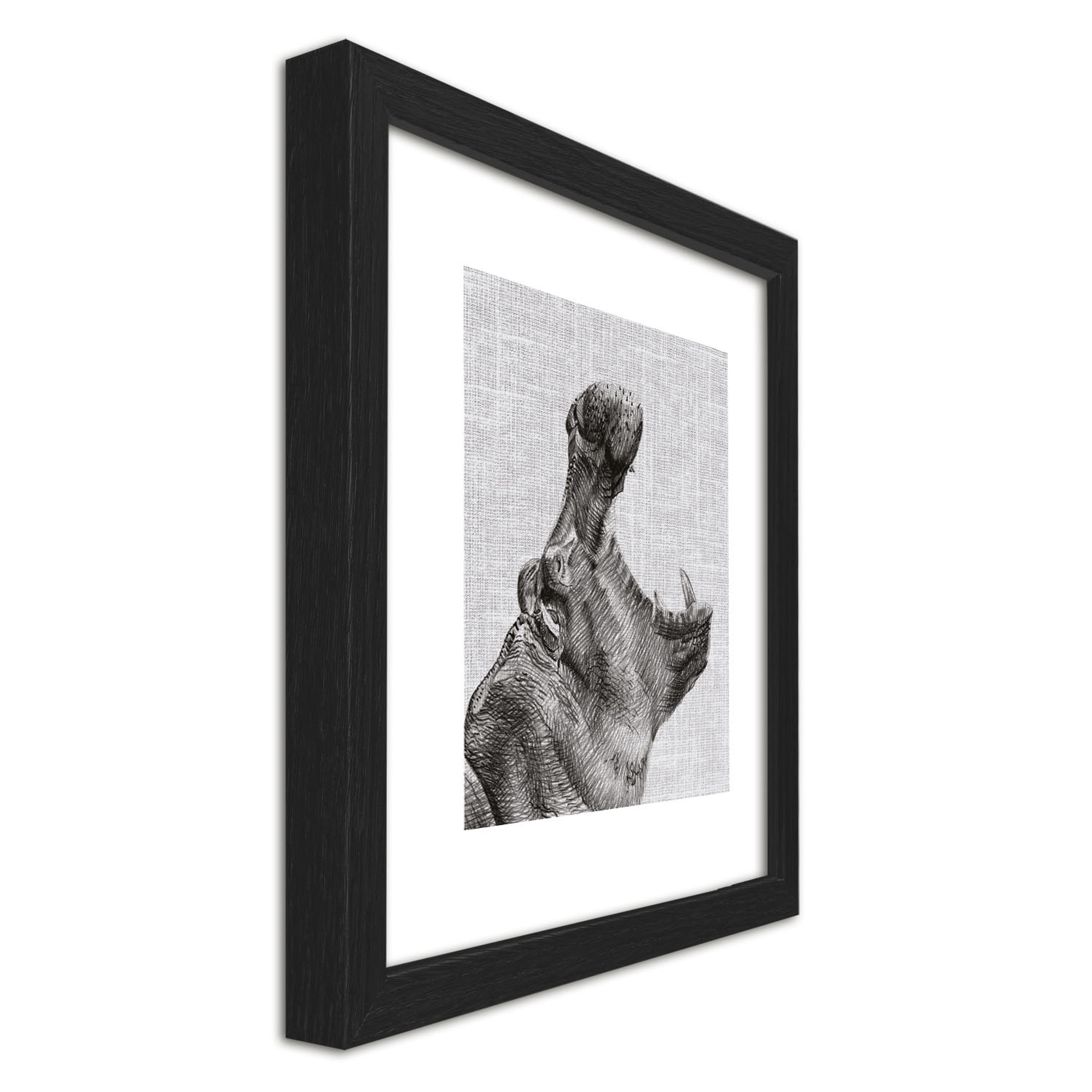 Holz-Rahmen Schwarz-Weiß Design-Poster / Wandbild, Bild Rahmen gerahmt Bild 30x30cm Nilpferd inkl. artissimo Zeichnung: mit /