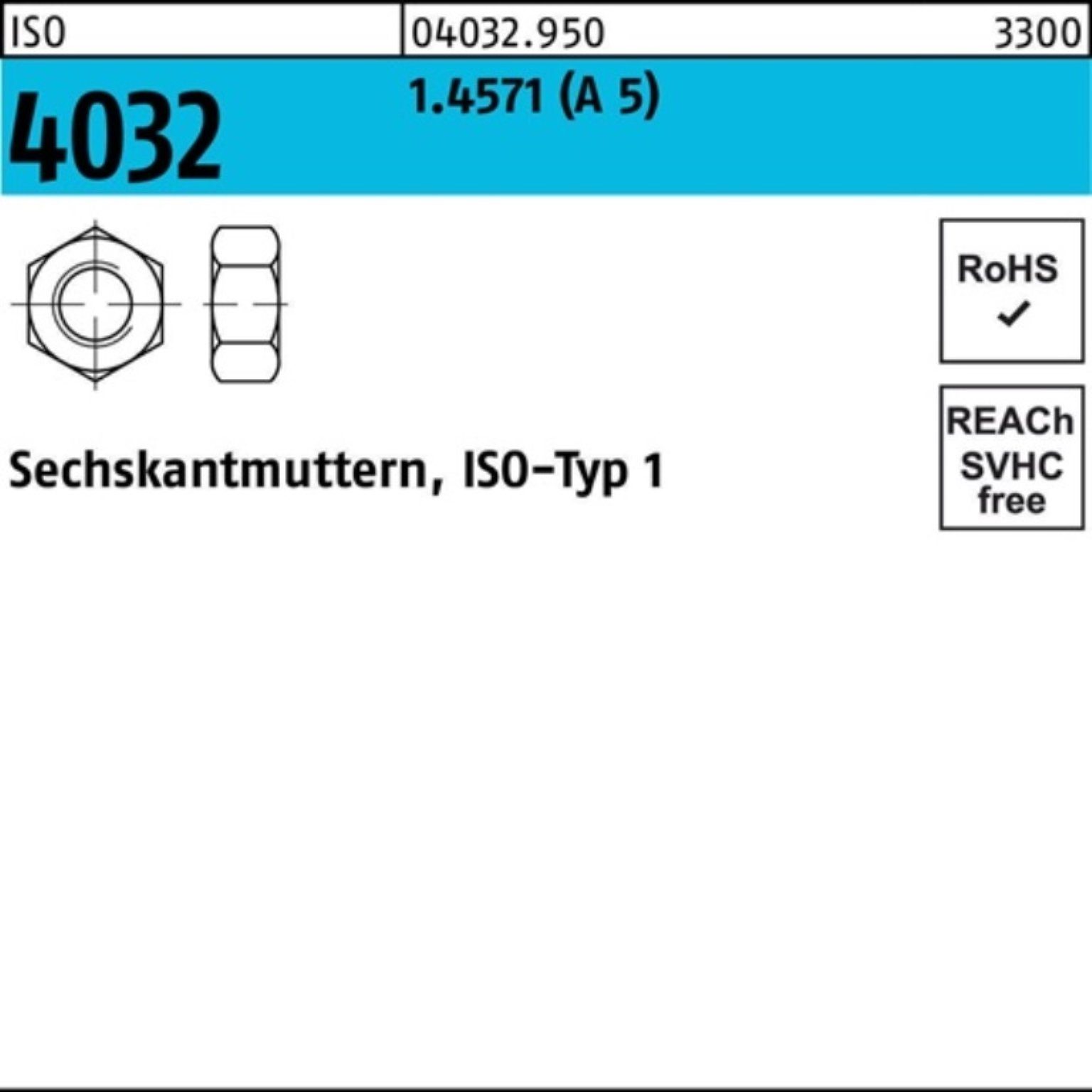 ISO Bufab ISO 5 Pack 100er 4032 4032 1.4571 50 Sechskantmutter Muttern M12 Stück A