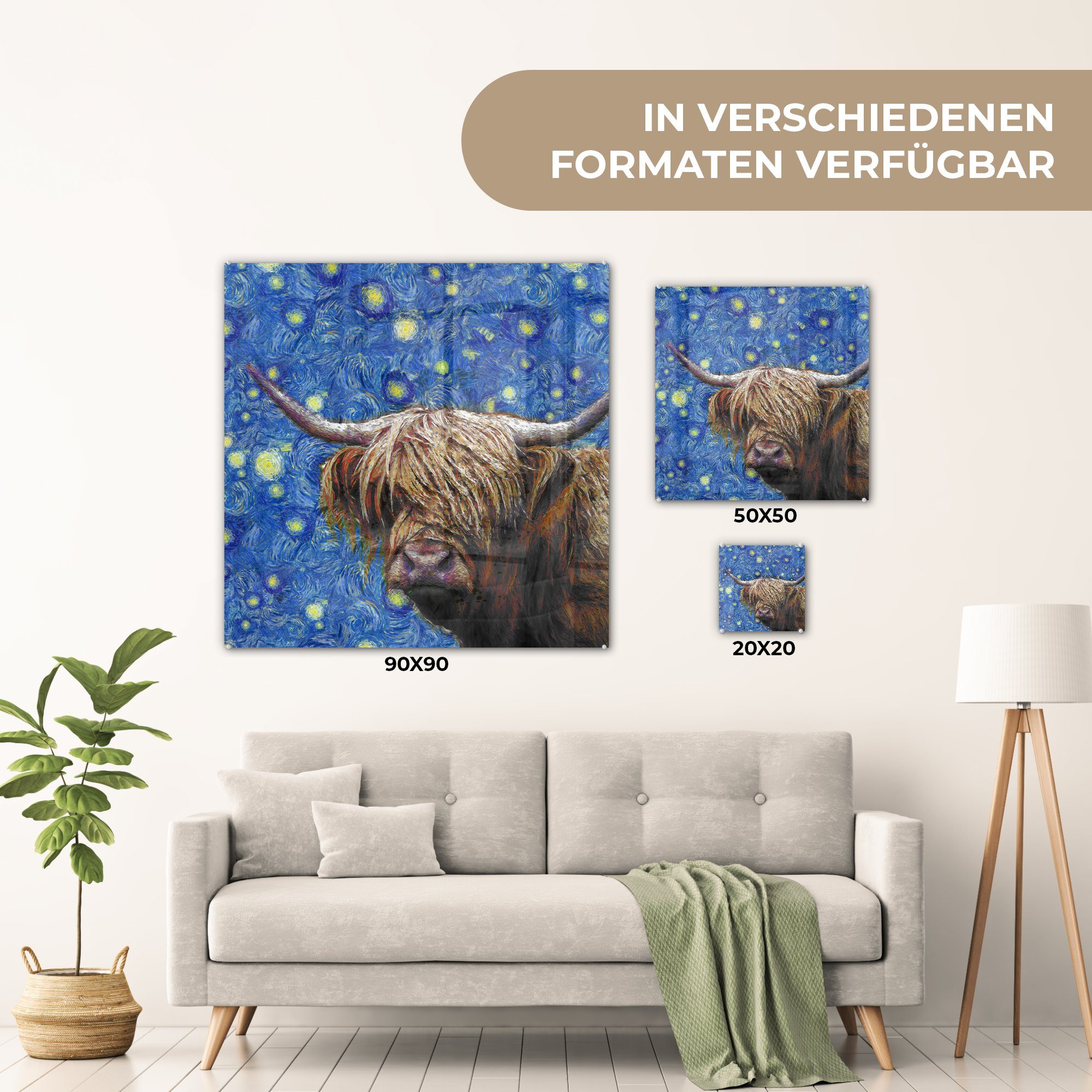 MuchoWow Gogh auf auf - Schottischer - (1 - Highlander, Bilder - Wanddekoration Foto Glas Acrylglasbild Glas Van Wandbild Glasbilder St), Sternennacht -