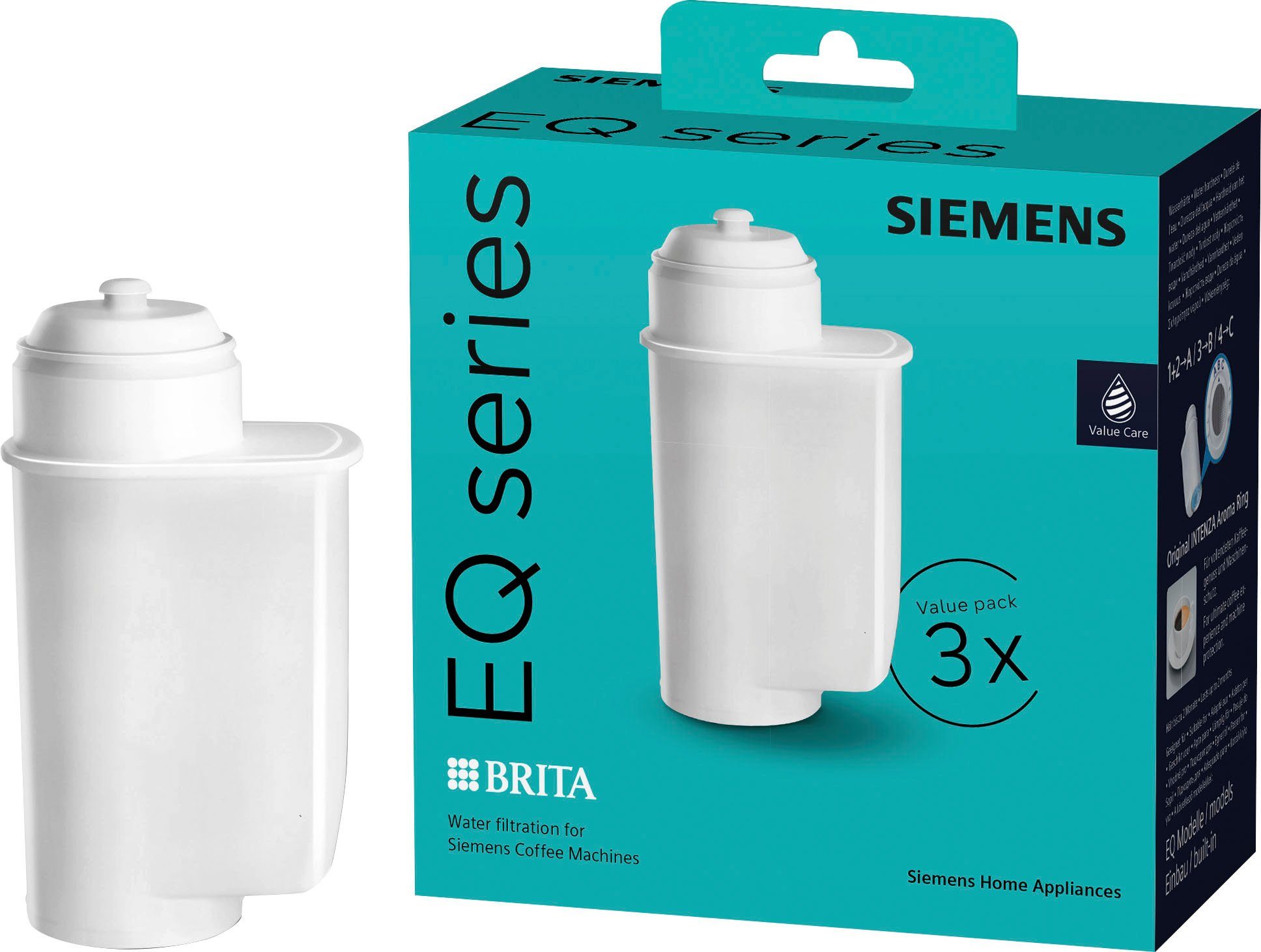 SIEMENS Wasserfilter BRITA Intenza TZ70033A, Zubehör für alle Siemens Kaffeevollautomaten der EQ Reihe: EQ.300, EQ.500, EQ.6, EQ.700, EQ.9 Plus und Einbauvollautomaten, 3 Stück, verringert den Kalkgehalt des Wassers | Wasserfilter