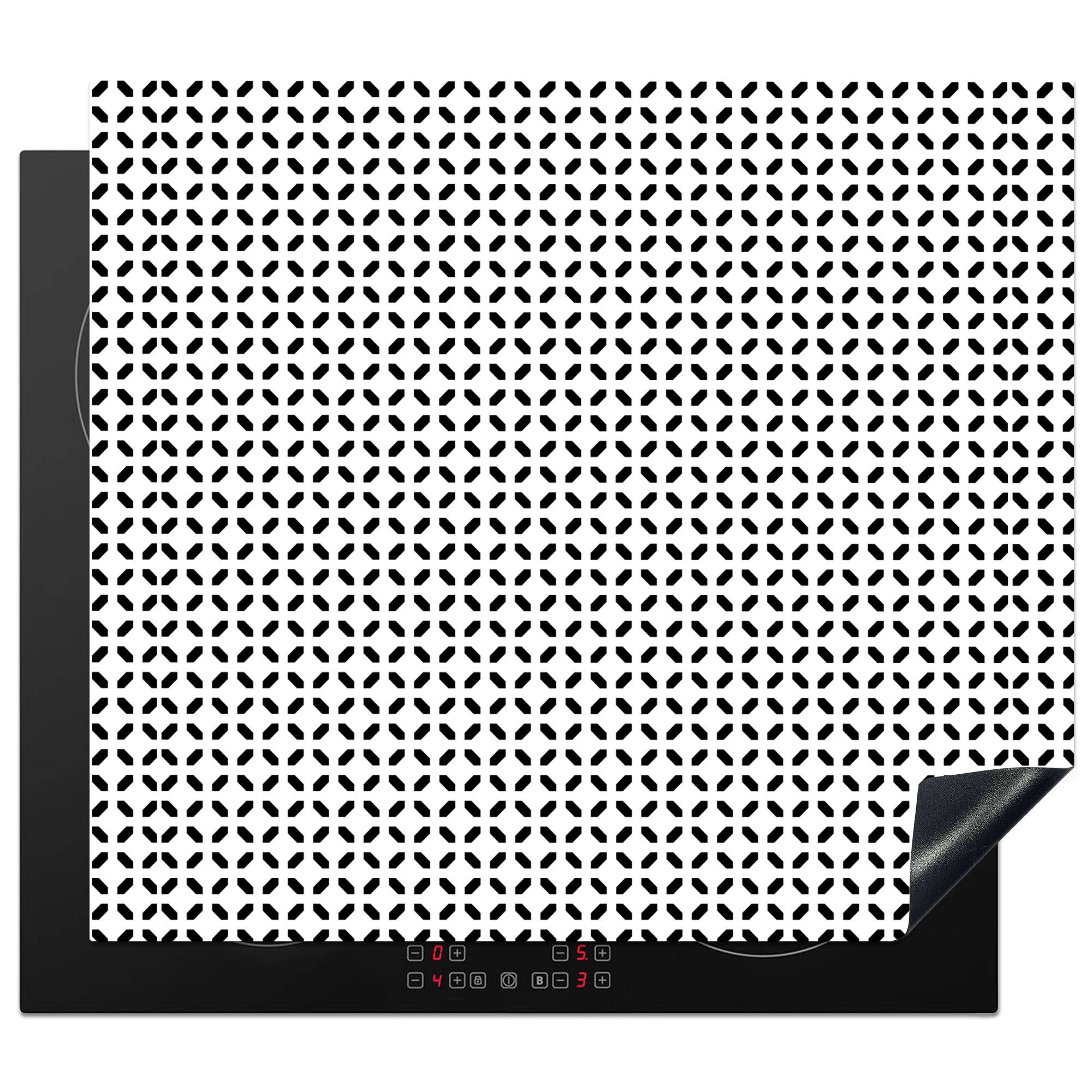 MuchoWow Herdblende-/Abdeckplatte Schwarz - Weiß - Geometrie - Muster - Abstrakt, Vinyl, (1 tlg), 58x51 cm, Küchen Dekoration für Induktionsherd, Induktionskochfeld