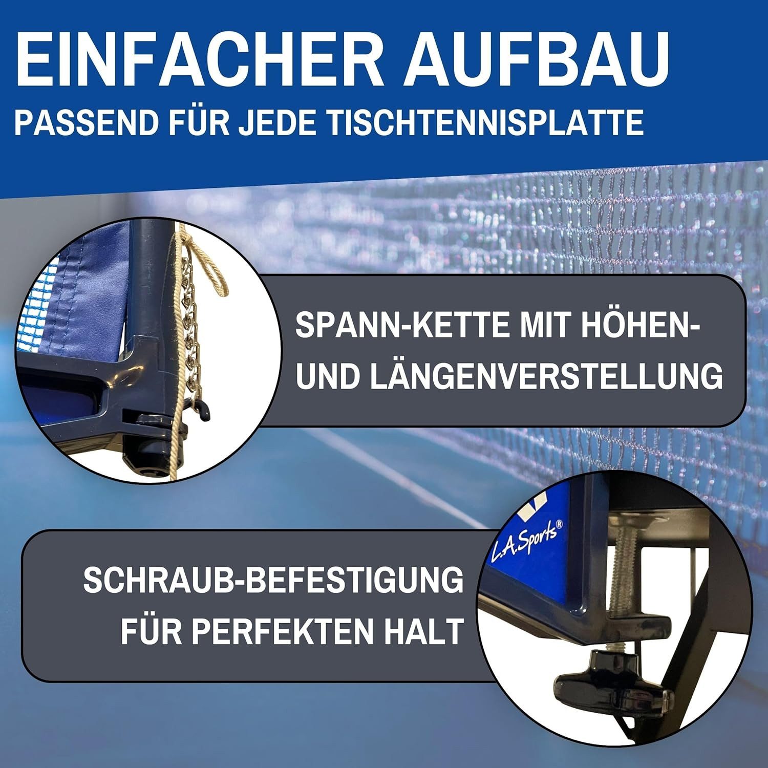 L.A. Sports Tischtennisnetz Pro 178,5 x 14,5 H mit Schraubbefestigung (Spar-Set, 2 Pfosten 2 Spannketten 1 Netz mit Seil 1 Netzlehre & Gummibeläge), wetterfest / outdoor geeignet