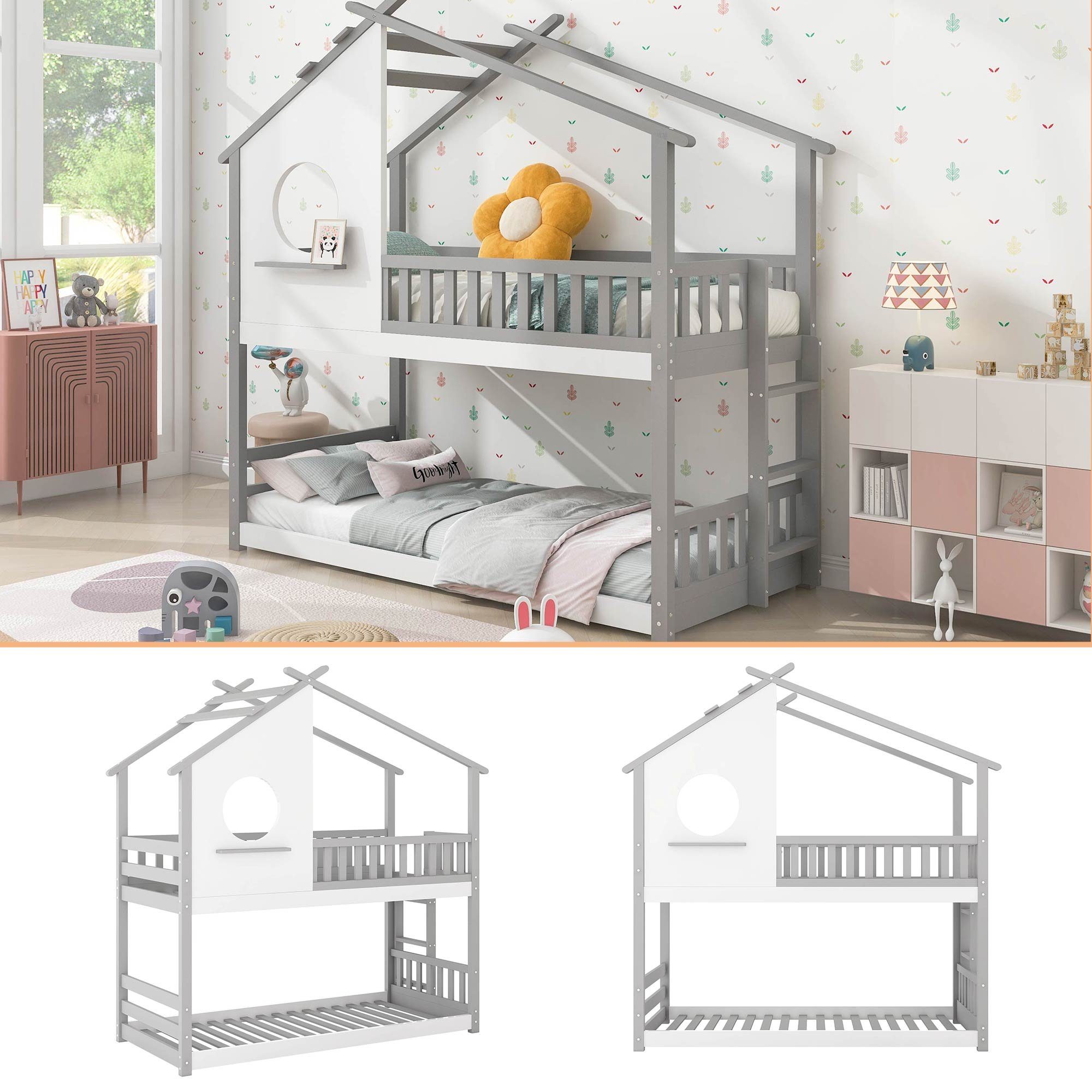 grau Fallschutz Leiter, rechtwinkliger Barriere, Matratze), Kinderbett, OKWISH mit aus und Bett Kiefernholz mit Etagenbett Rahmen Hausbett, Ohne Etagenbett (90x200cm),