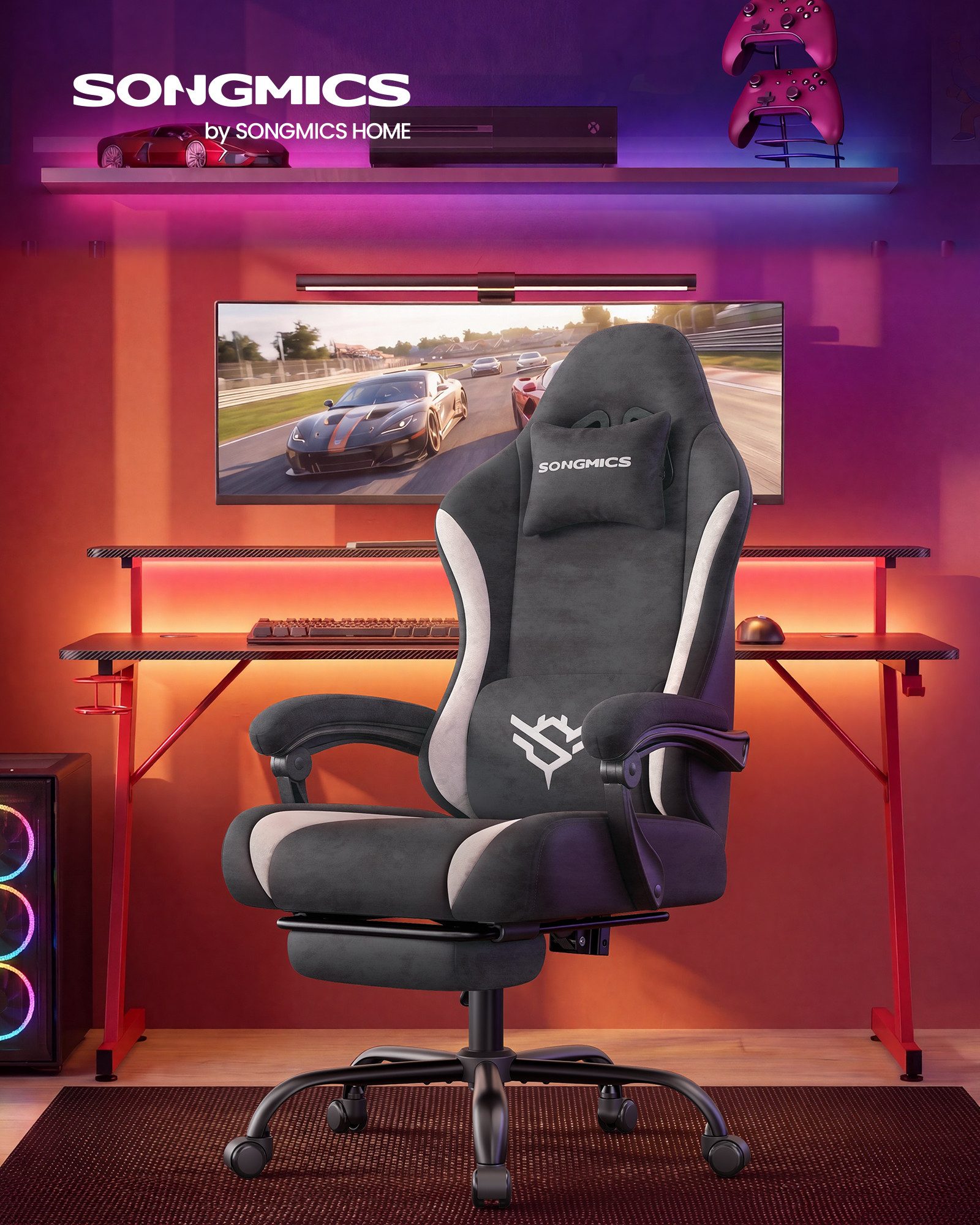 SONGMICS Drehstuhl Gaming Stuhl, ergonomischer Bürostuhl, mit Fußstütze und Lendenkissen, 135° Neigung, aus Polyester, 70 x 70 x 120-130 cm
