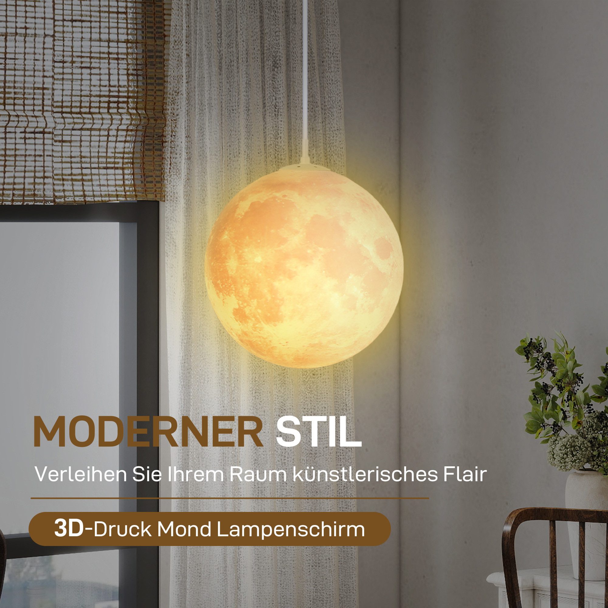 HOMCOM Pendelleuchte 3D Mondlampe mit APP Steuerung, Intelligente LED-Glühbirne, Deckenlampe mit CCT und RGB Farbwechsel