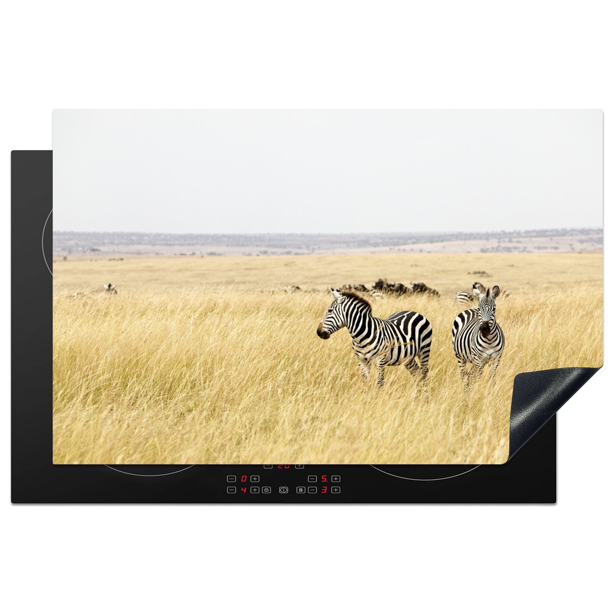 MuchoWow Herdblende-/Abdeckplatte Zebras laufen durch Ceranfeldabdeckung Vinyl, Induktionskochfeld der für die tlg), (1 küche, Schutz das Gras hohe cm, Savanne, 81x52