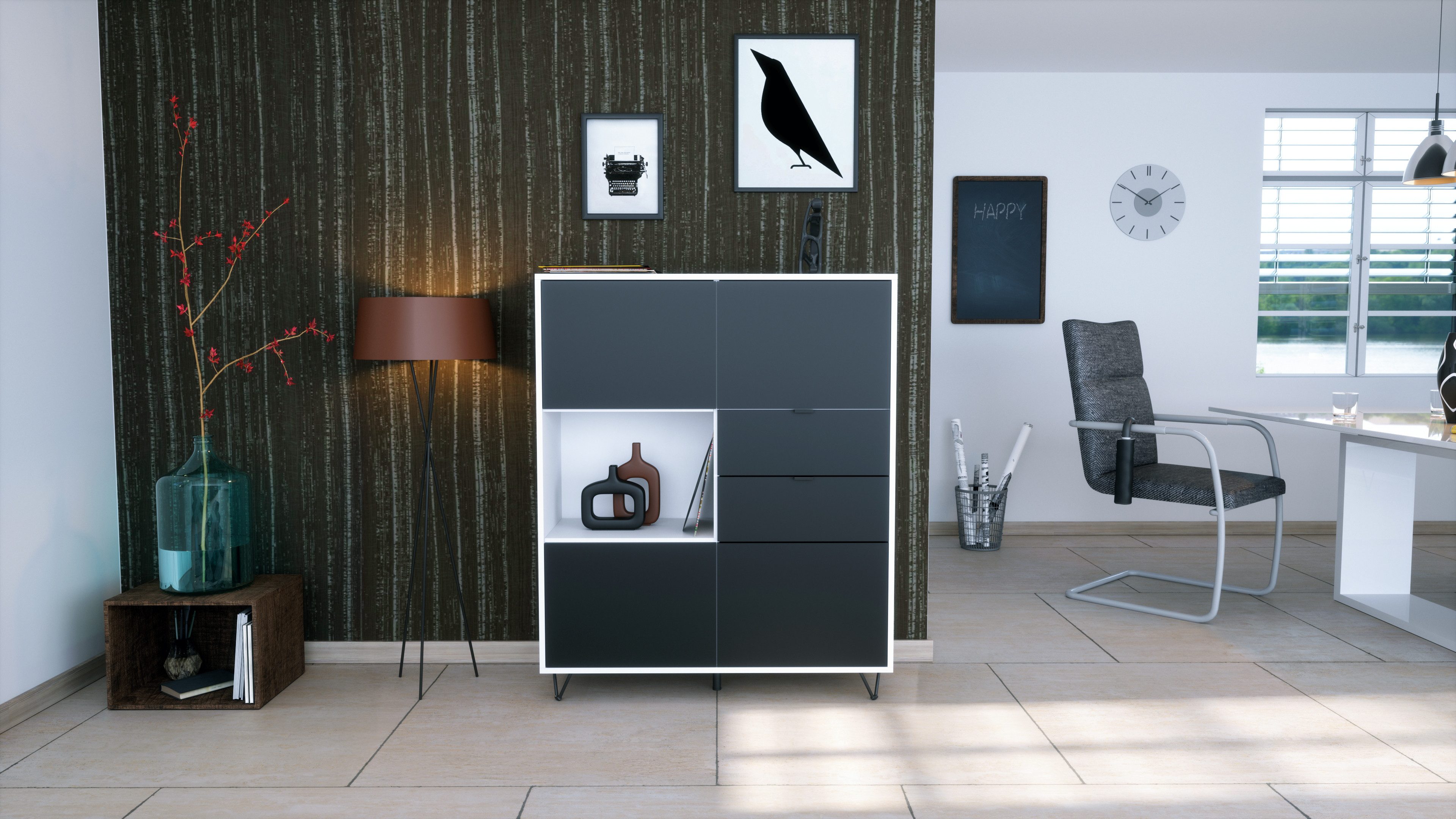 Vladon Highboard Marino V1 (Highboard mit 4 Tür Schwarz matt, 2 Schubladen Schwarz matt, Made in Germany), Korpus Weiß matt (103 x 125,5 x 37 cm)