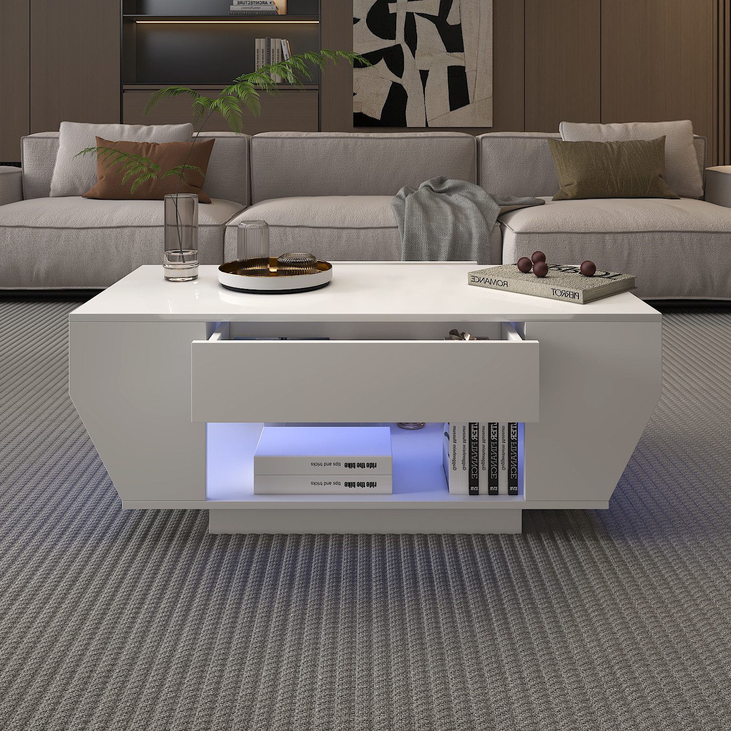 radelldar Couchtisch mit LED-Beleuchtung & 2 Schubladen, Hochglanz-Weiß/Schwarz (1-St), Boot-Form Design, Fernbedienung für dein Wohnzimmer – Bild 3 von 5