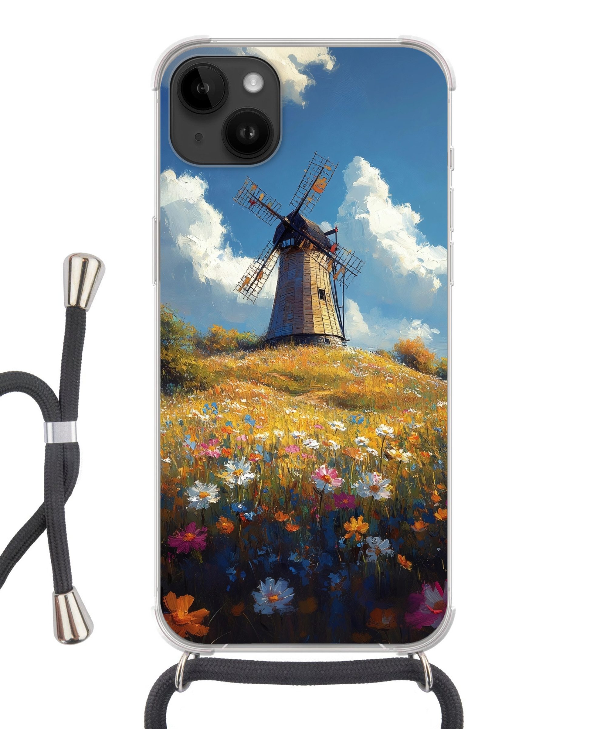 MuchoWow Handyhülle für Apple iPhone 14 Max Windmühle - Hügel - Blumen - Farbenfroh, Tragbare Handyhüllen mit Kette zum umhängen, Handykette Handyband