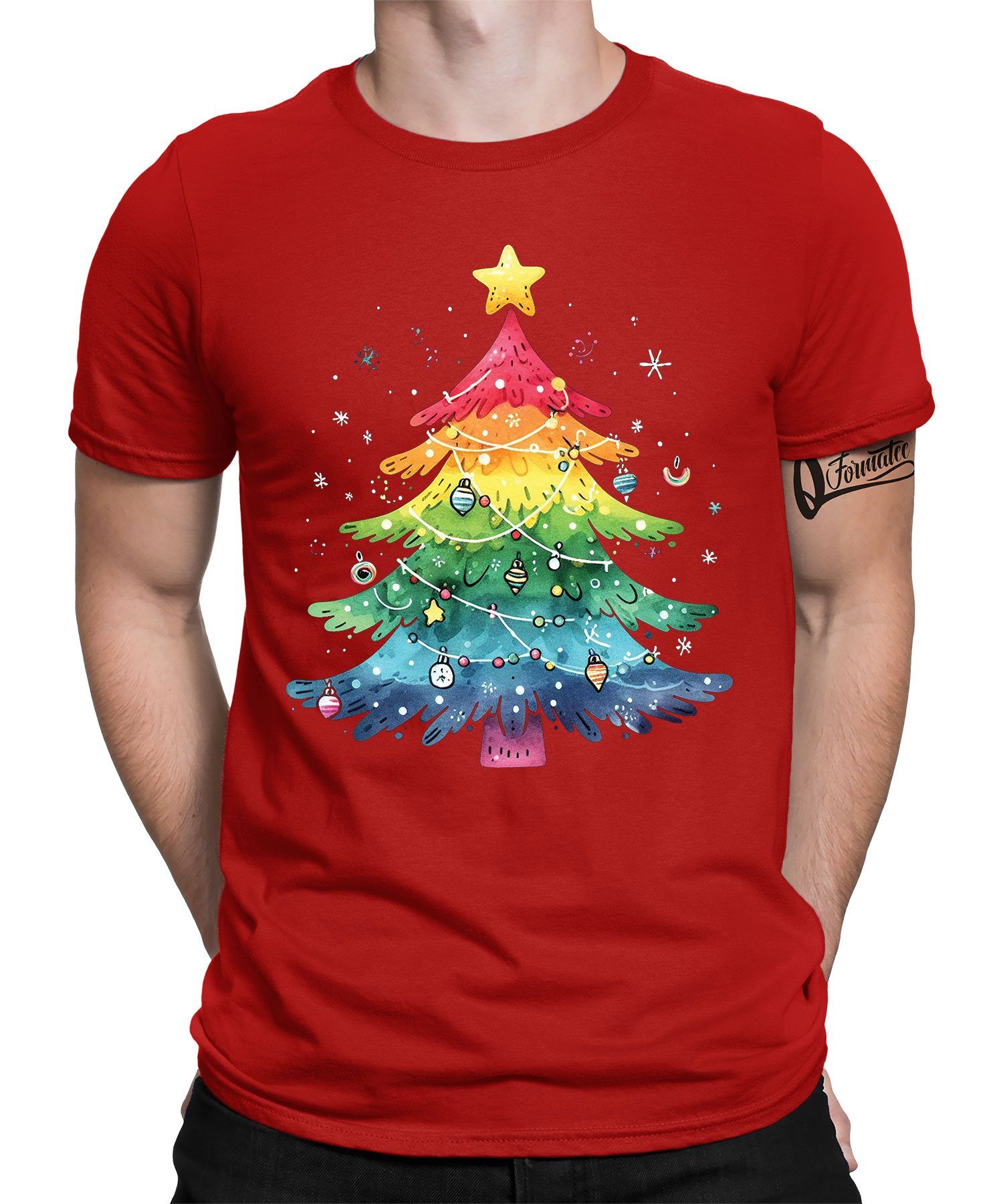 Regenbogen Weihnachtsbaum Rot Weihnachtsgeschenk - Quattro LGBT Kurzarmshirt (1-tlg) Weihnachten X-mas Formatee