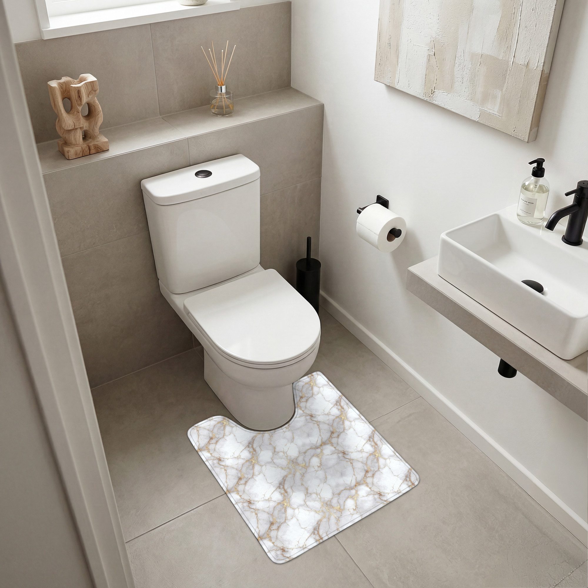 OnlyWow WC-Vorleger Weiß - Gold - Marmor - Grau, Höhe 10 mm, Polyester, U-Form, Vorleger mit Ausschnitt, Toilettenvorleger, Toilettenteppich