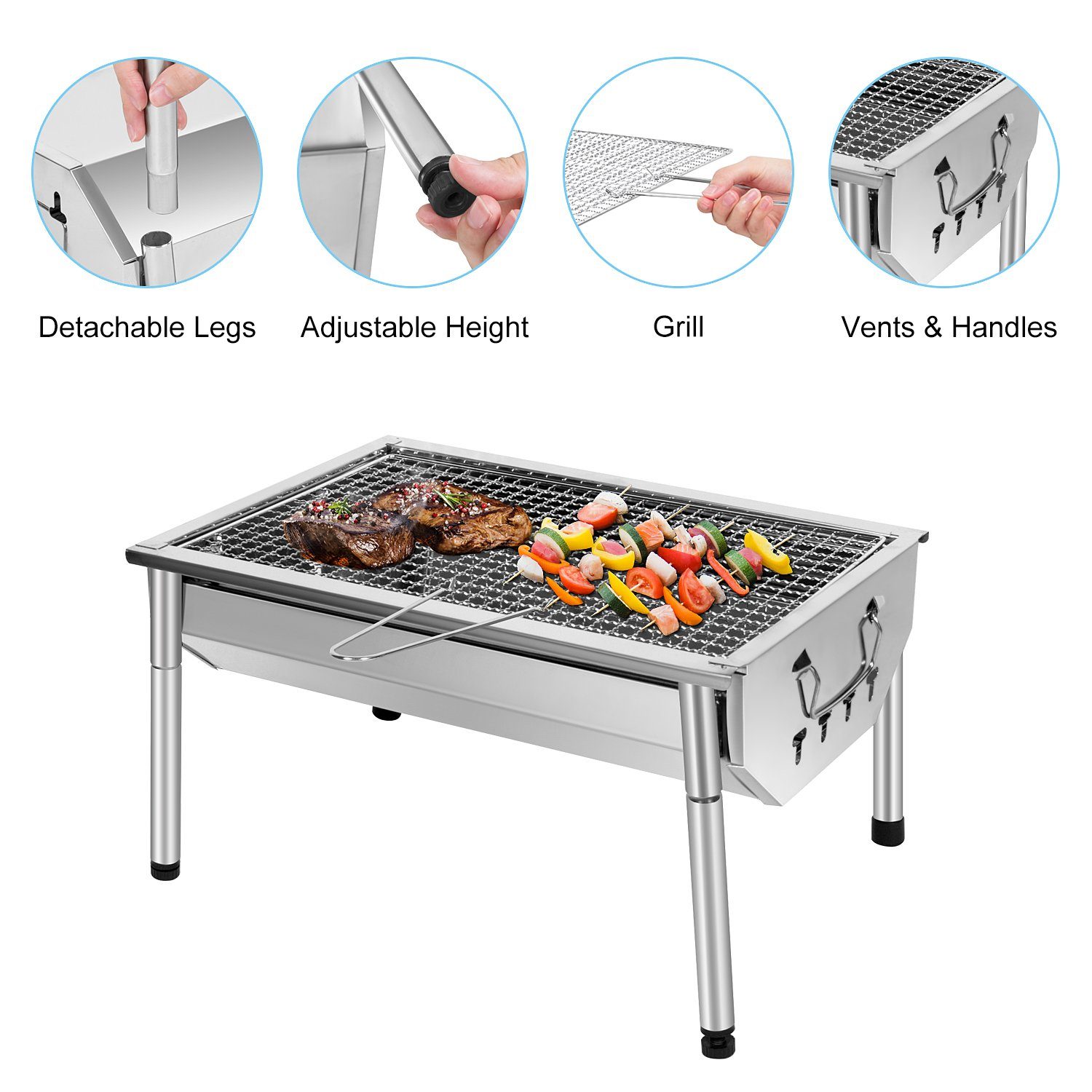 SunJas Holzkohlegrill CA-09C, Tragbar, Faltbare, Edelstahl BBQ Standgrill Schaschlikgrill Tischgrills Tragbar