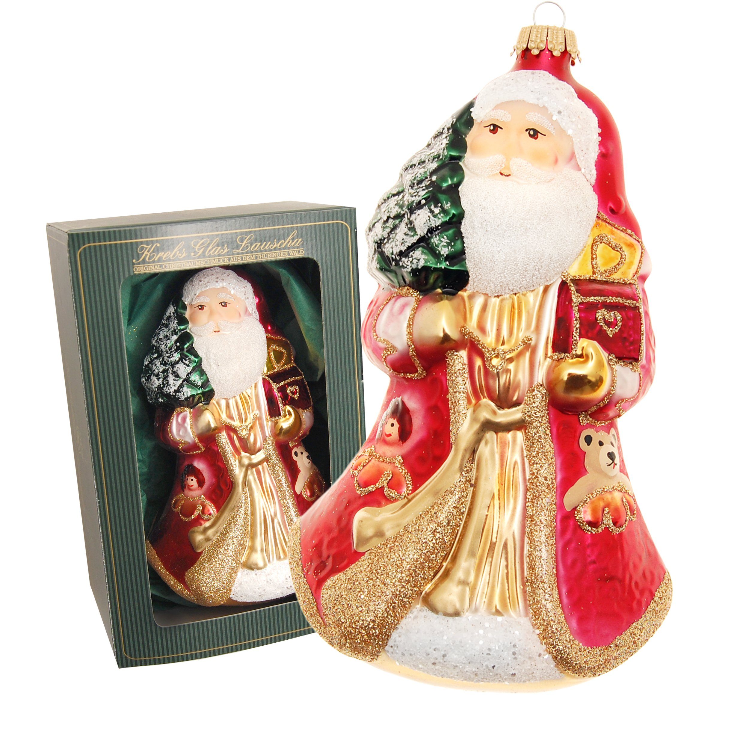 Krebs Glas Lauscha Christbaumschmuck Santa's World "Weihnachtsmann mit Schatztruhe", rot/gold, 16cm (1-tlg)