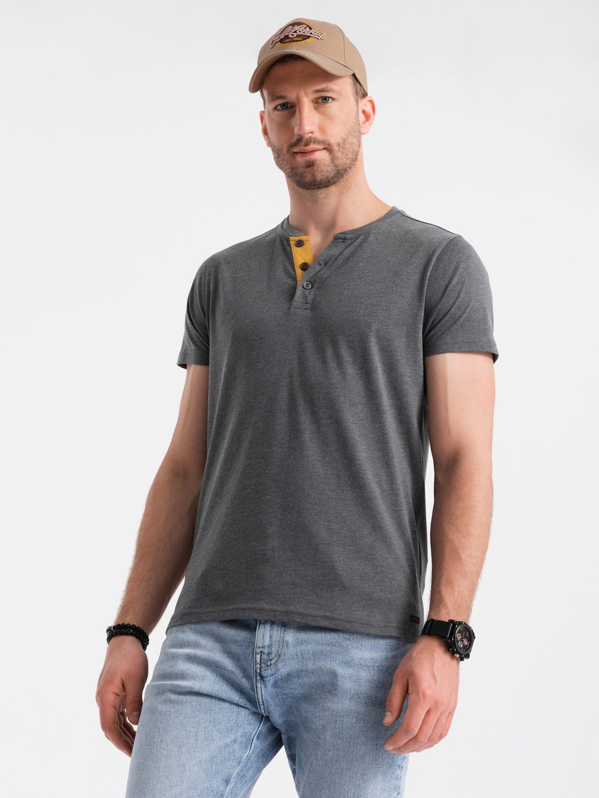 OMBRE T-Shirt Herren-T-Shirt mit rundem Henley-Ausschnitt zum Aufknöpfen günstig online kaufen