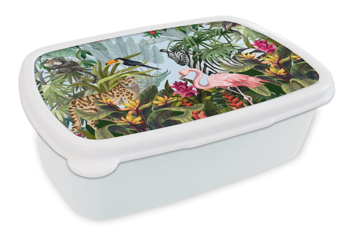 MuchoWow Lunchbox Dschungel - Natur - Jungen - Mädchen - Kinder - Zebra - Flamingo, Kunststoff, (2-tlg), Brotbox für Kinder und Erwachsene, Brotdose, für Jungs und Mädchen weiß