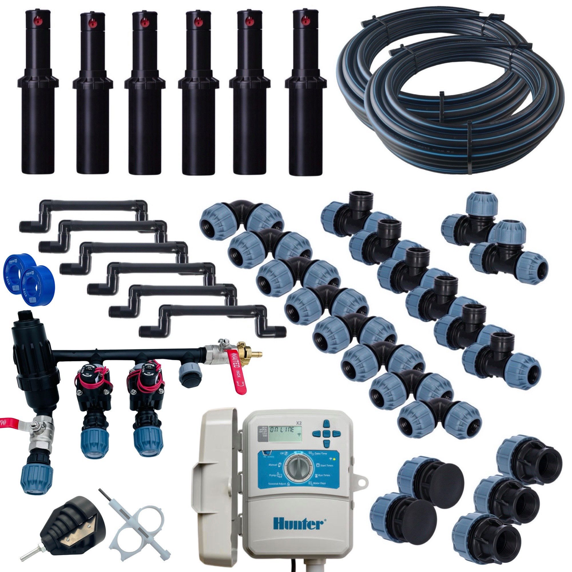 STEMAX-Wassertechnik Bewässerungssystem Hunter Bewässerungsset bis 200m² für Garten- & Rasenbewässerung, (Set, Für Gärten 100 m² bis 200 m), Komplettset, flexibel, unterirdisch, Hunter Qualität, erweiterbar