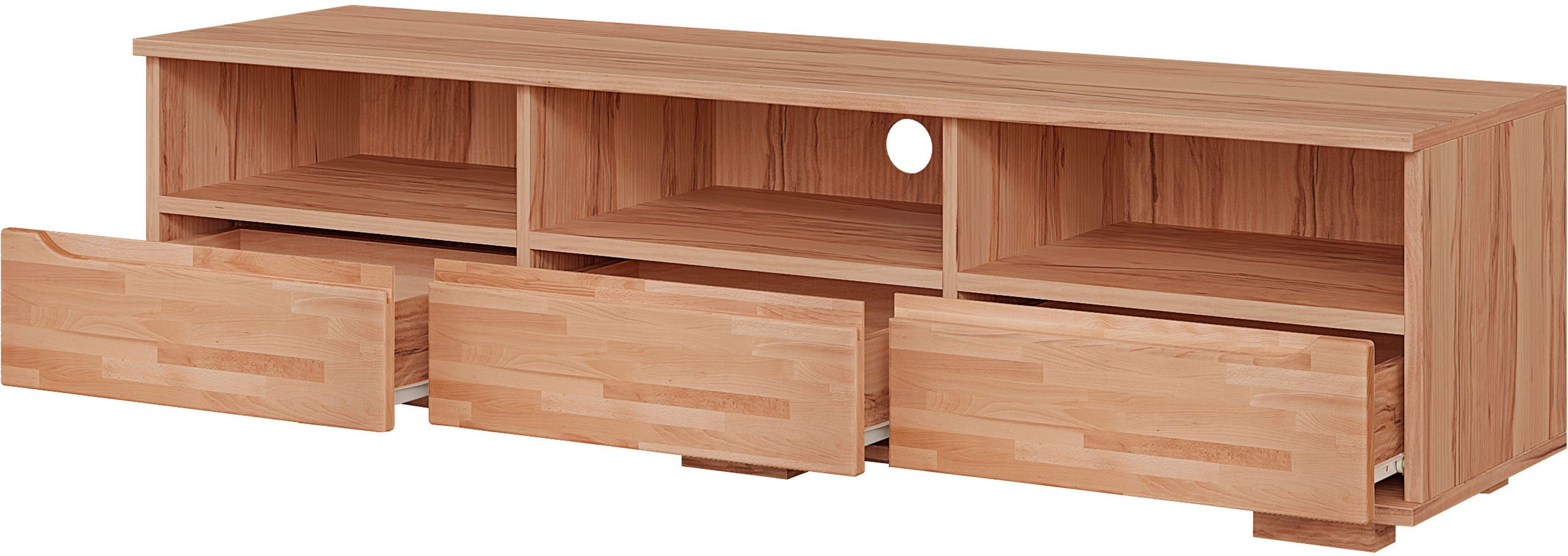 OTTO home Lowboard VETRO Teilmassiv, Fronten Massivholz, Wohnzimmer, Stauraum,Griffmulde, B/T/H:150/40/40 cm, 3 Schubladen, 3 offene Fächer, kabeldurchführung
