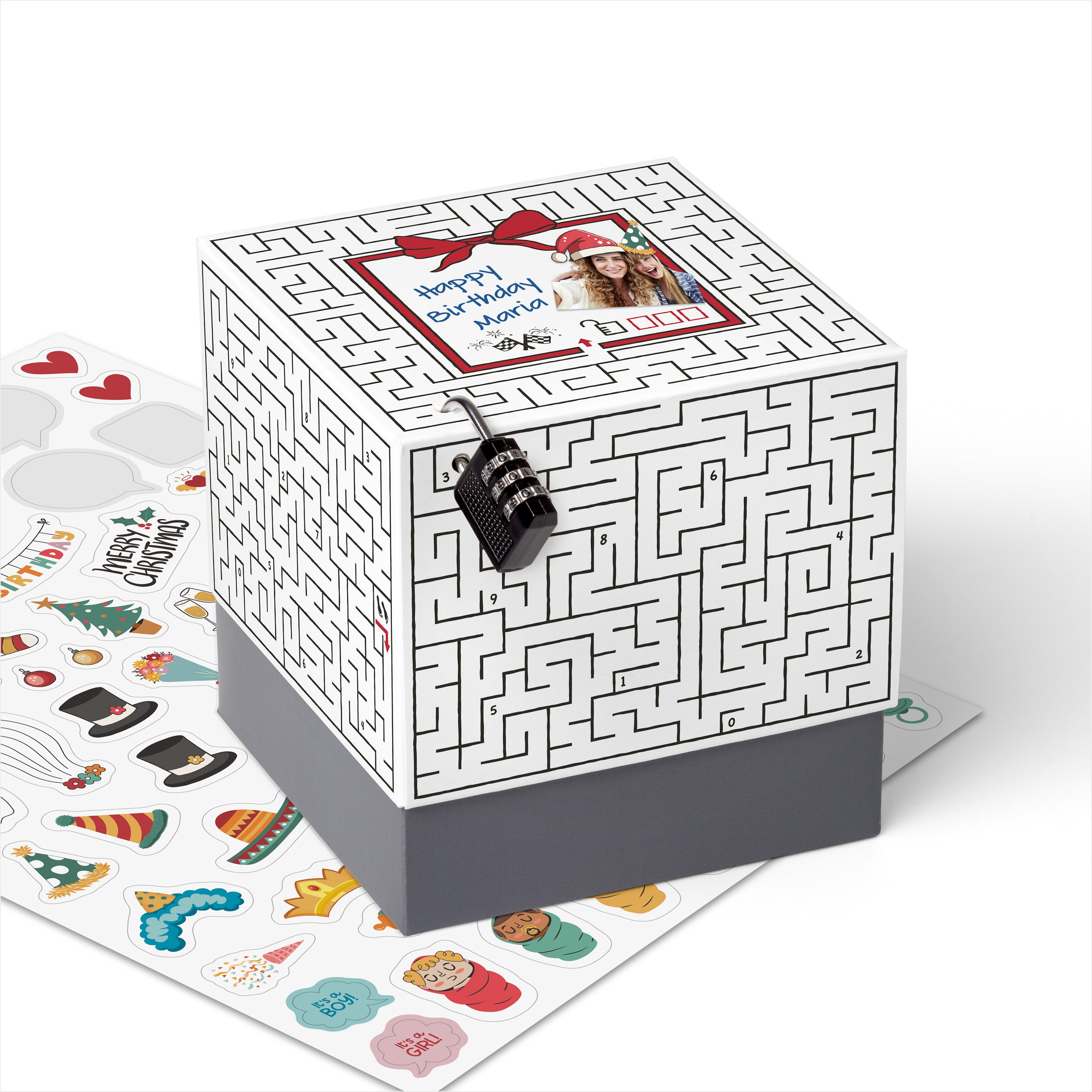 SURPRISA Geschenkbox Rätzel Geschenkbox, Geldgeschenk Verpackung & Gutschein Geschenk Box (inkl. 3-stelligem Zahlenschloss), Geschenkkarton Labyrinthrätsel, 16,5 x 16,5 x 16,5 cm, weiß