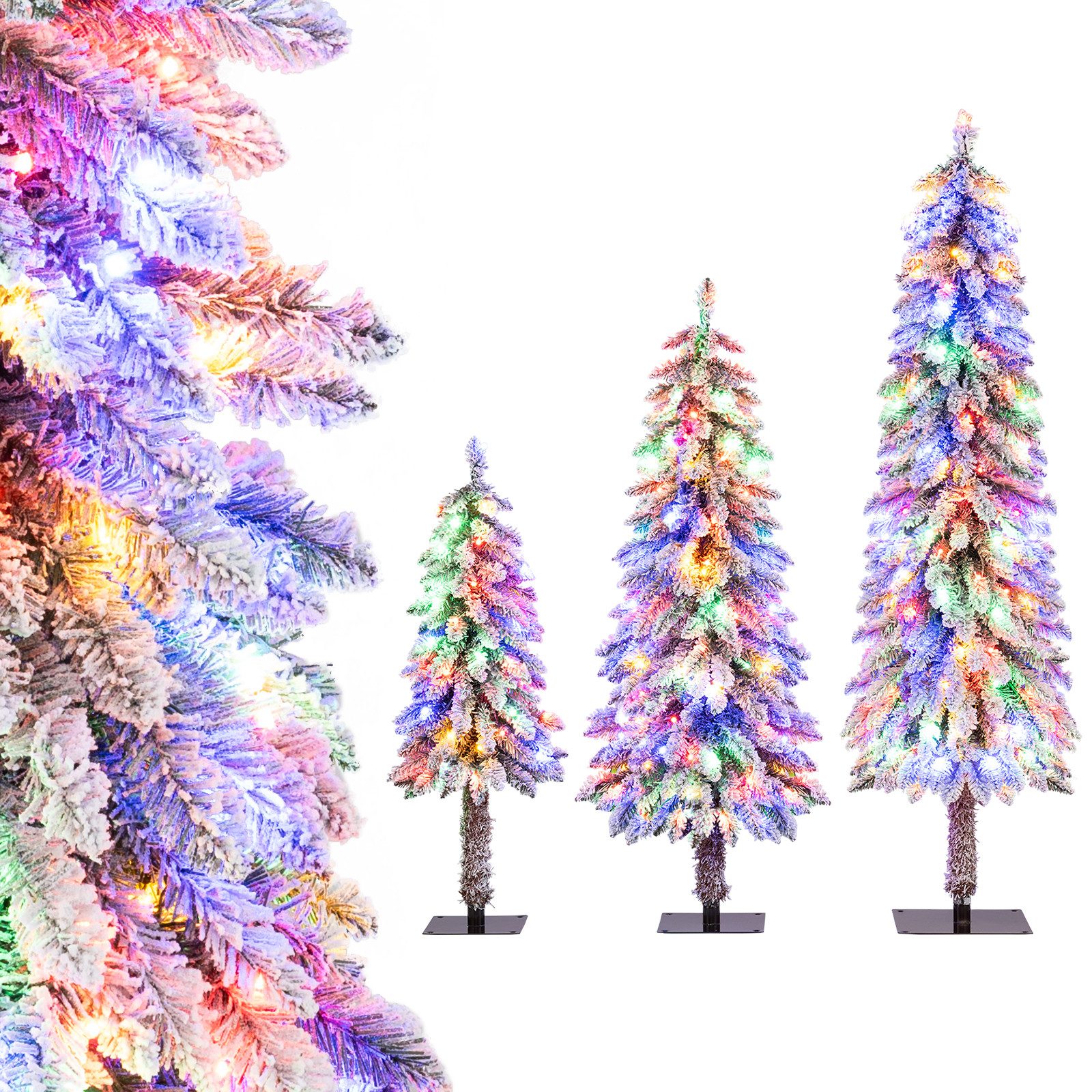 COSTWAY Künstlicher Weihnachtsbaum, 3er Set 90/120/150cm mit Schnee & LEDs