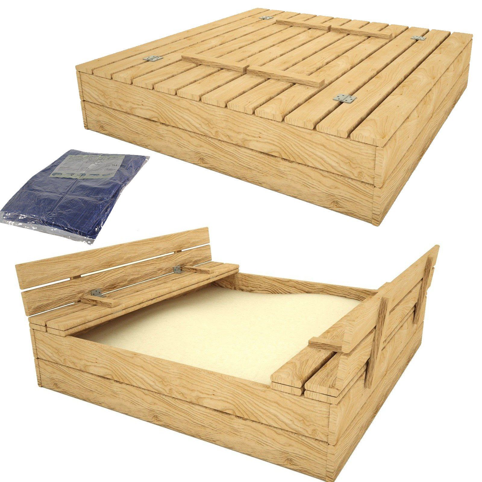 Sandkasten Sandbox Sandkiste mit Klappdeckel Sitzbänken 120x120 Kiefernholz 