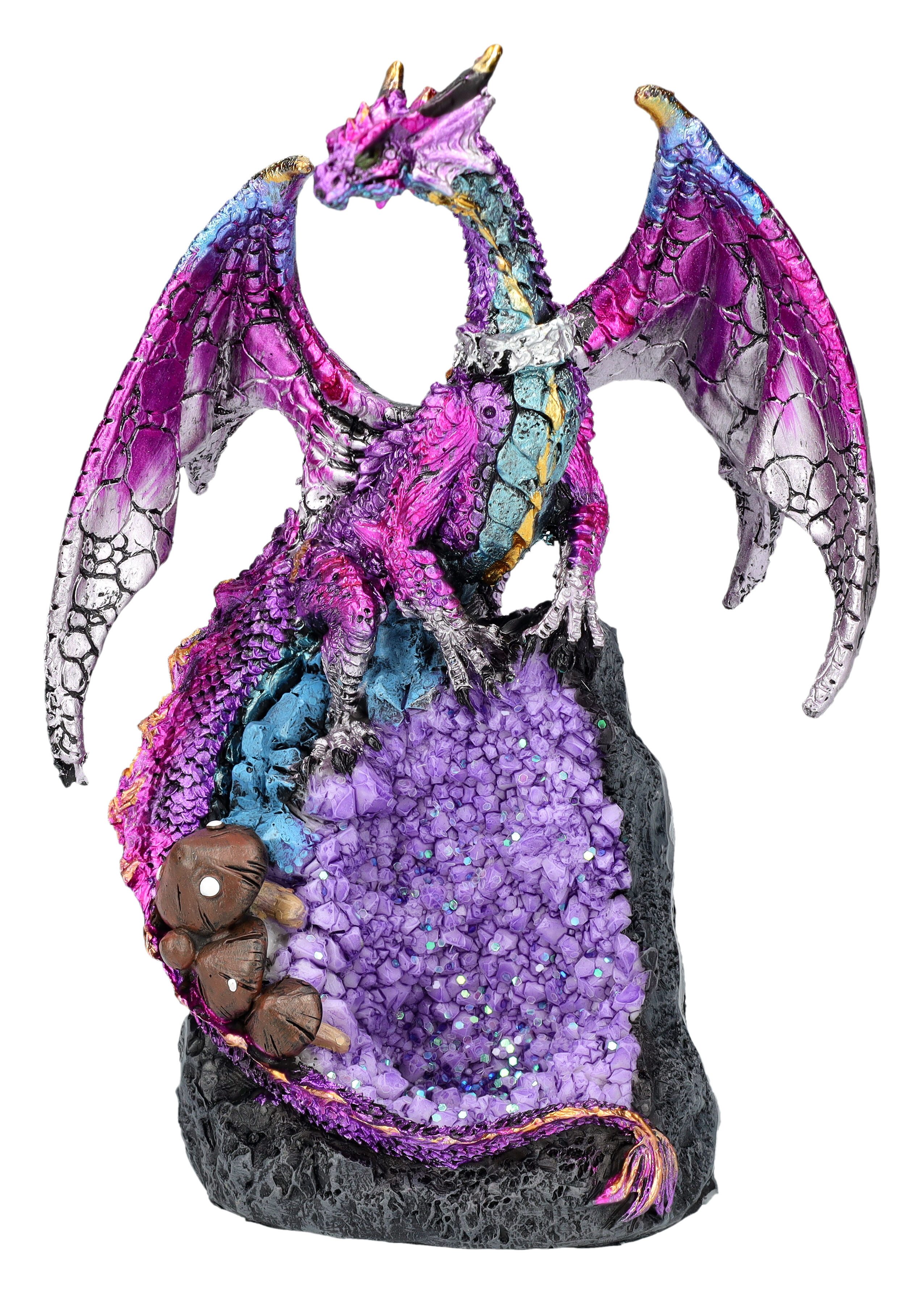 Figuren Shop GmbH Fantasy-Figur Drachenfigur rosa auf lila Kristall - Fantasy Dekofigur Drache Deko