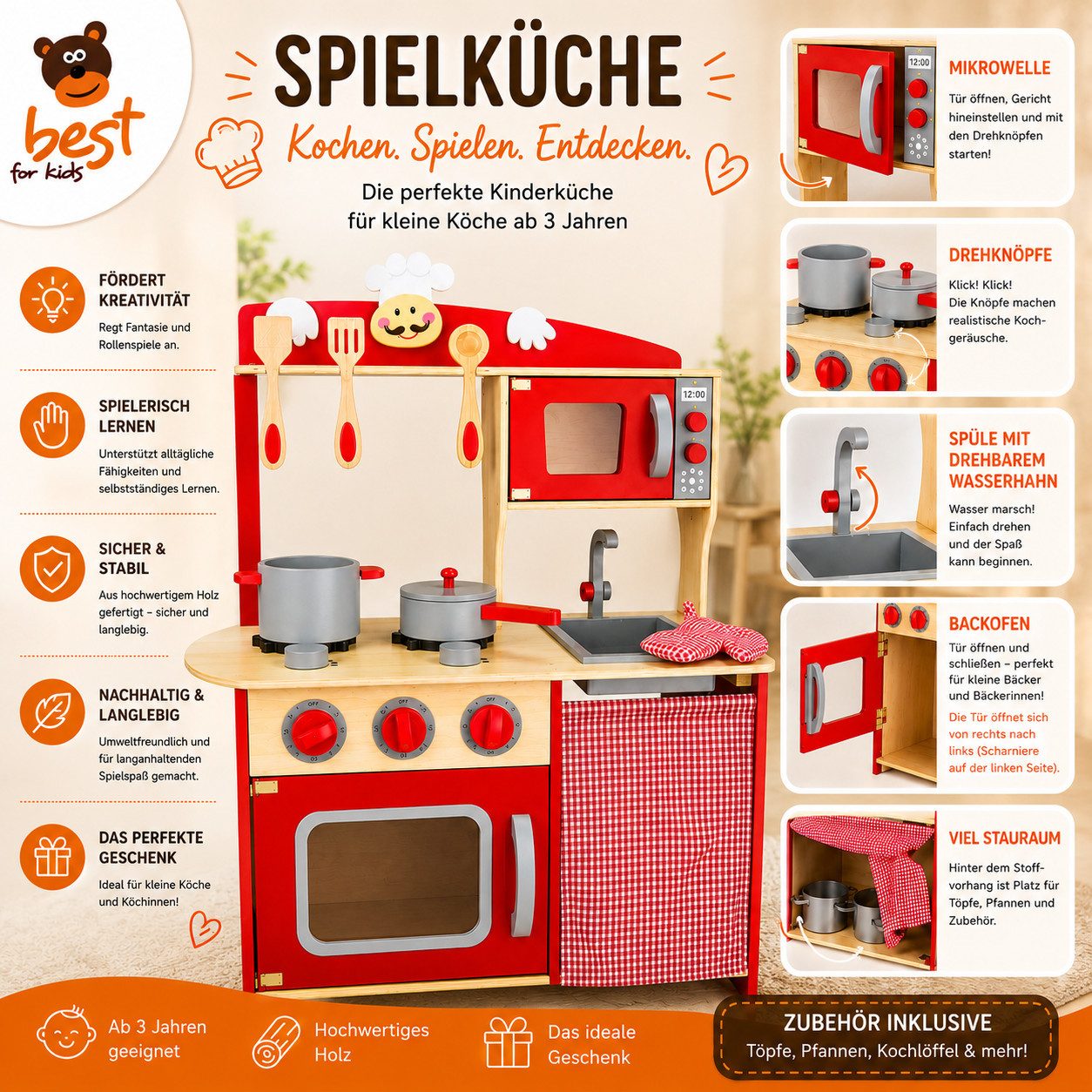 Best for Kids Spielküche Kinderküche chili Rot–MDF Holz Spielküche mit Zubehör fur ab 3 Jahren Holz, Realistisches Küchendesign, umfangreiches Zubehör