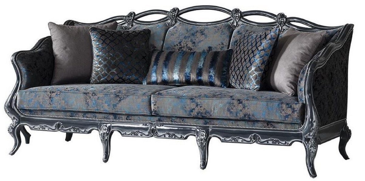 Casa Padrino Sofa Luxus Barock Sofa Grau / Blau / Grau 224 x 103 x H. 110 cm - Edles Wohnzimmer Sofa mit elegantem Muster und dekorativen Kissen - Barockstil Wohnzimmer Möbel