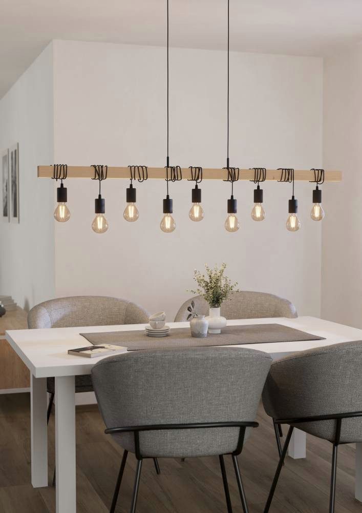 EGLO Hängeleuchte TOWNSHEND Hängelampe, Stahl und Holz, E27, IP20, Esszimmerlampe, Lampe, ohne Leuchtmittel, Pendellampe, L15 x B10 x H110 cm, braun, schwarz, 9X60W exkl.