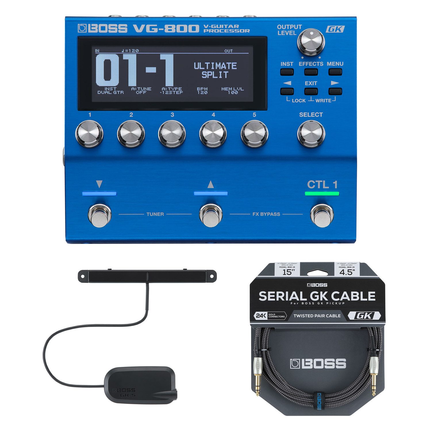 E-Gitarre Boss Multieffektgerät VG-800 mit Basstonabnehmer und Kabel