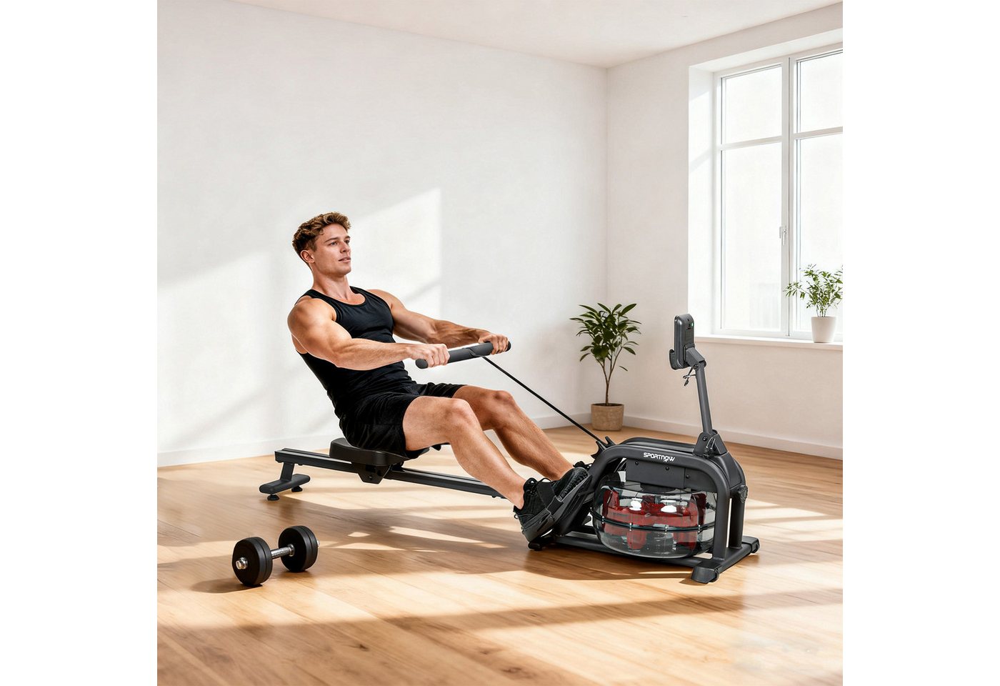 SPORTNOW Rudergerät Wasser Rudergerät mit LCD Display, Handyhalterung (Rudermaschine für Heimfitness, 1-tlg., Wasserrudergerät), für Zuhause, Schwarz