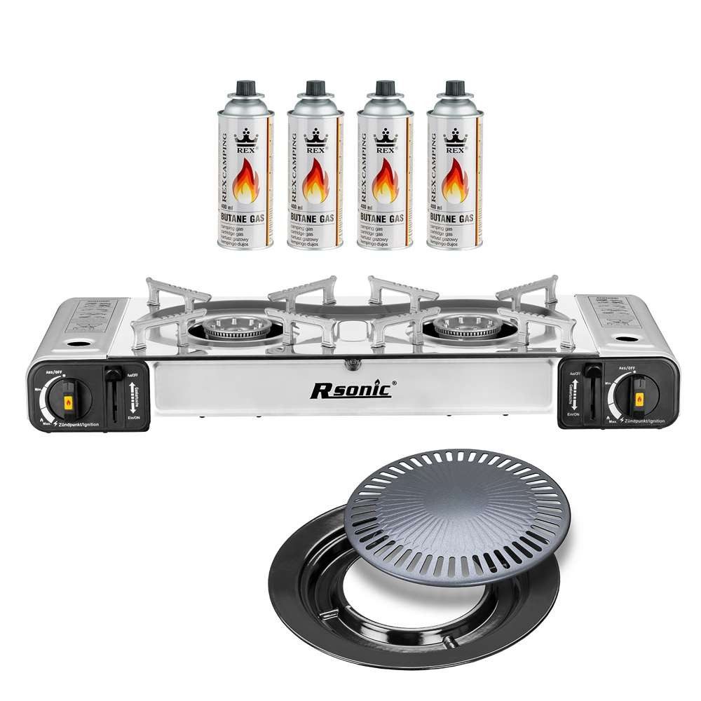 Mianova Gaskocher Doppel Gaskocher 2 flammiger Campingkocher BBQ Grillplatte Gasflaschen, (Leistungsstarker 2 Flammen Campingkocher mit Piezozündung wahlweise mit Gaskartuschen und Grillplatte)