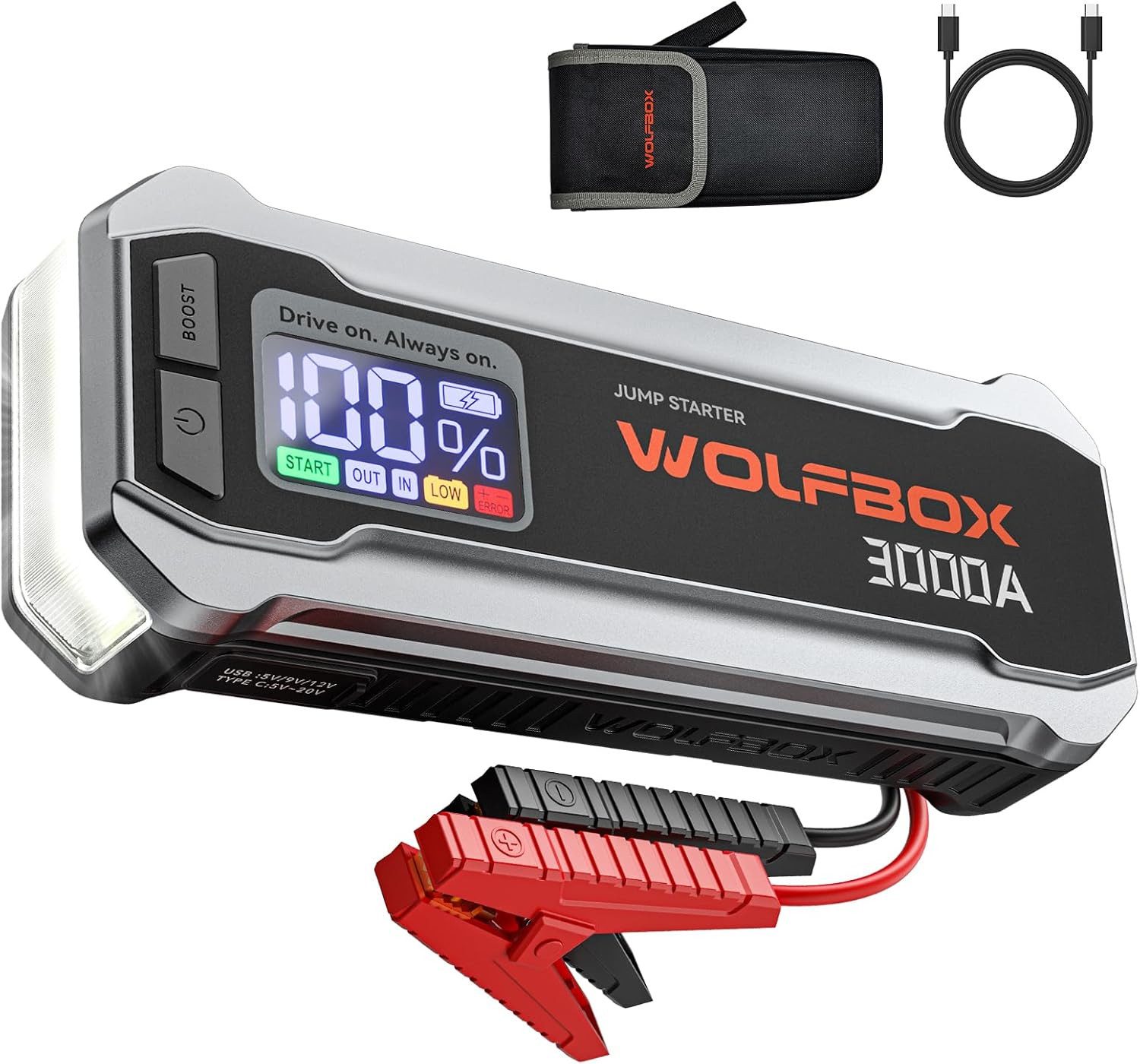 WOLFBOX 12V 3000A Starthilfe (unterstützt bis zu 8L Benzin oder 6L Diesel) Starthilfegerät (12 V, 1 St), mit Booster und LED-Taschenlampe