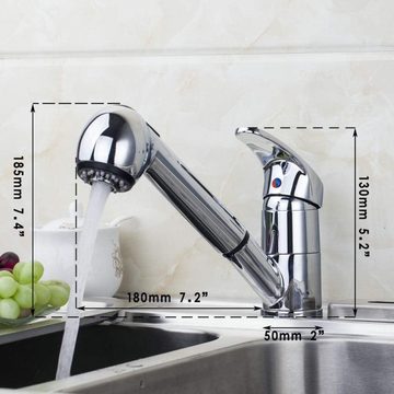 Diyarts Küchenarmatur (Moderner Ausziehbarer Wasserhahn, mit 360° Schwenkauslauf und Keramikkartusche) Einhebel, Chromoberfläche, Inklusive Anschlussschläuche