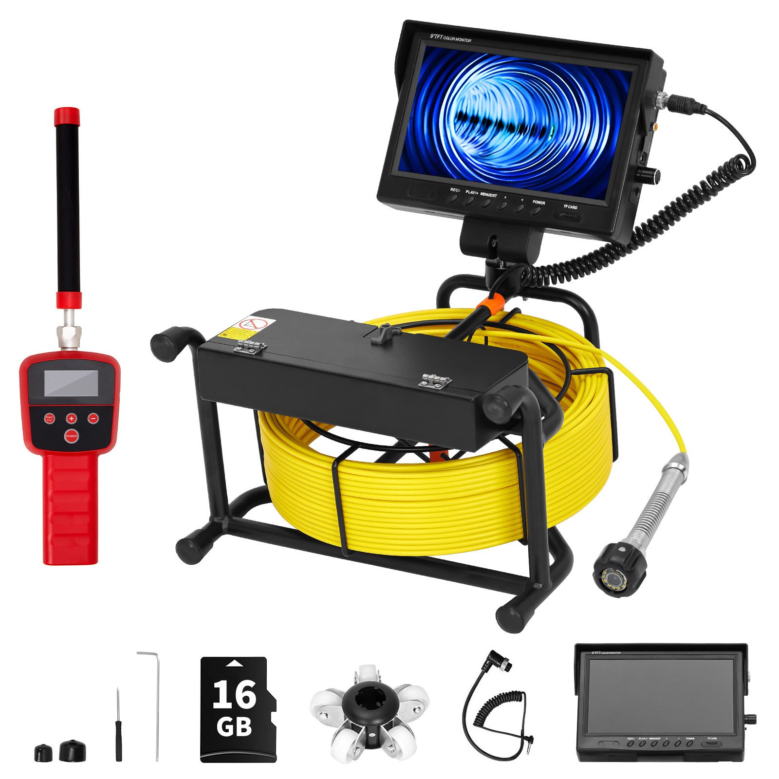GarveeMore Industrie-Endoskop mit Kabel Inspektionskamera (inkl. 512Hz Locator, 9″ 1080P Monitor, IP68-Kamera mit 12 LEDs, 4500mAh Akku)