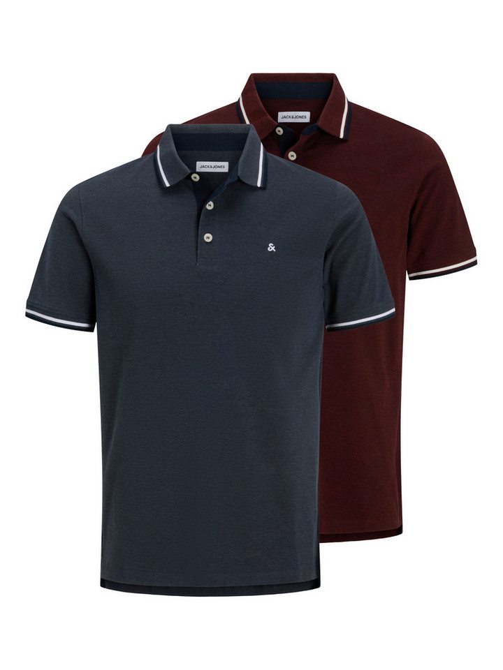 Jack & Jones Poloshirt JJEPAULOS im Doppelpack mit Logostickerei und Komfort (Packung, 2-tlg., 2er-Pack) unifarben mit Farbeinsatz, modisch, schmal, Baumwolle, Polokragen