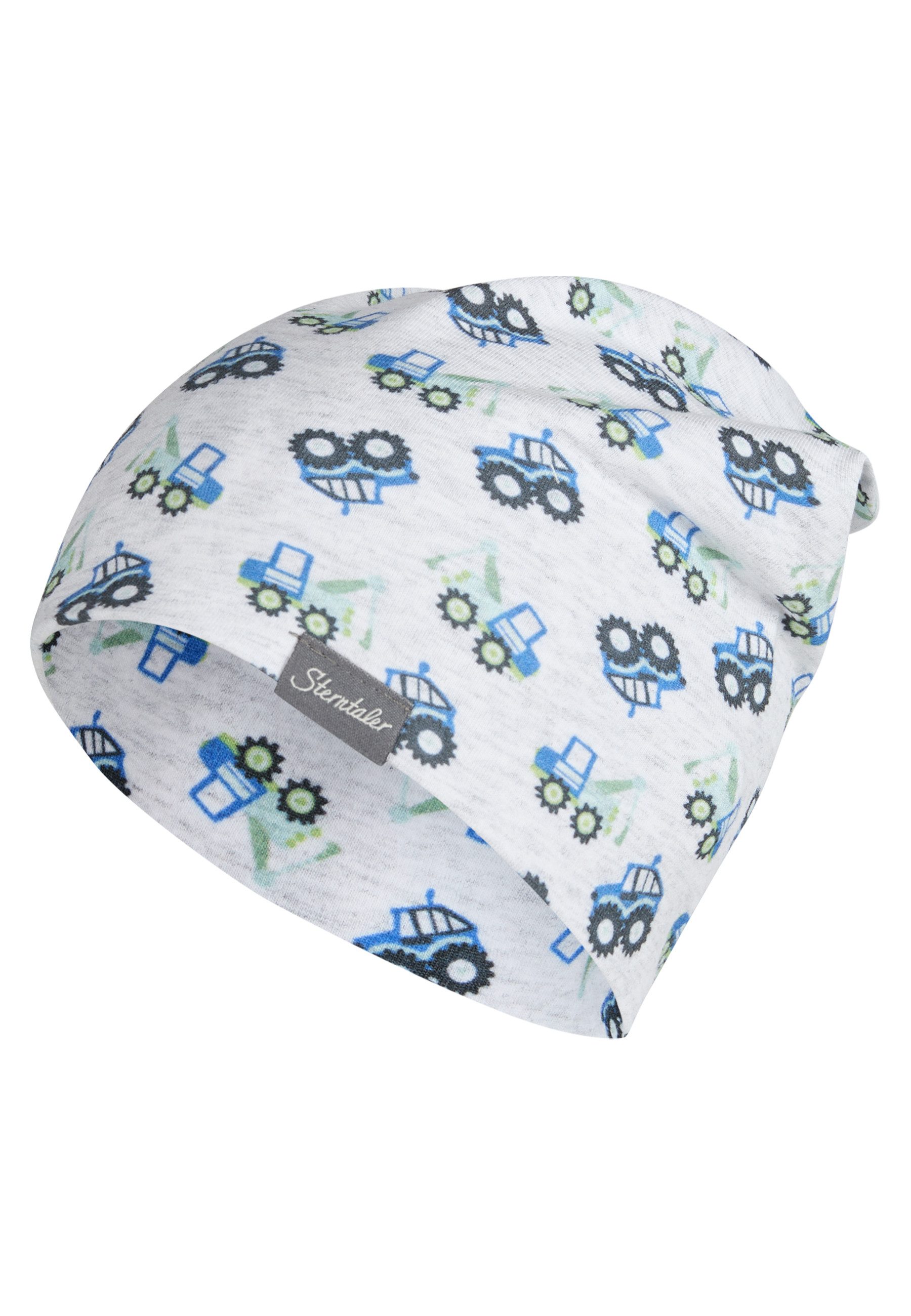 Sterntaler® Beanie 50+ Beanie Baustelle (1-St) Beanie aus Melange-Jersey m Baustellenfahrzeugen, zwei Tragevarianten