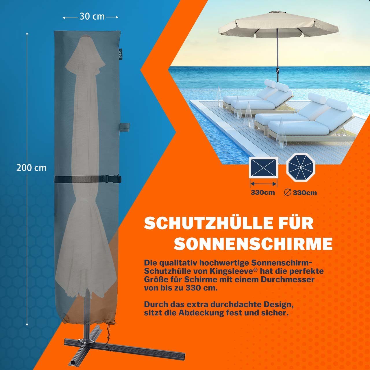Kingsleeve Sonnenschirm-Schutzhülle (1-St), bis Ø 350 cm mit Stab Winterfest Wasserabweisend Wetterfest Robust – Bild 2 von 5