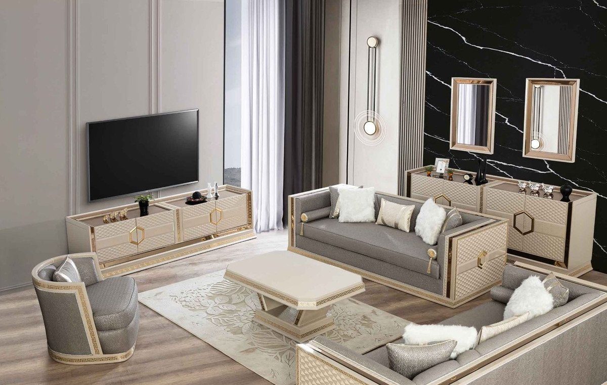 Casa Padrino Couchtisch Luxus Art Deco - - Handgefertigter Gold / Möbel Massivholz Deco Cremefarben Couchtisch Wohnzimmertisch Art