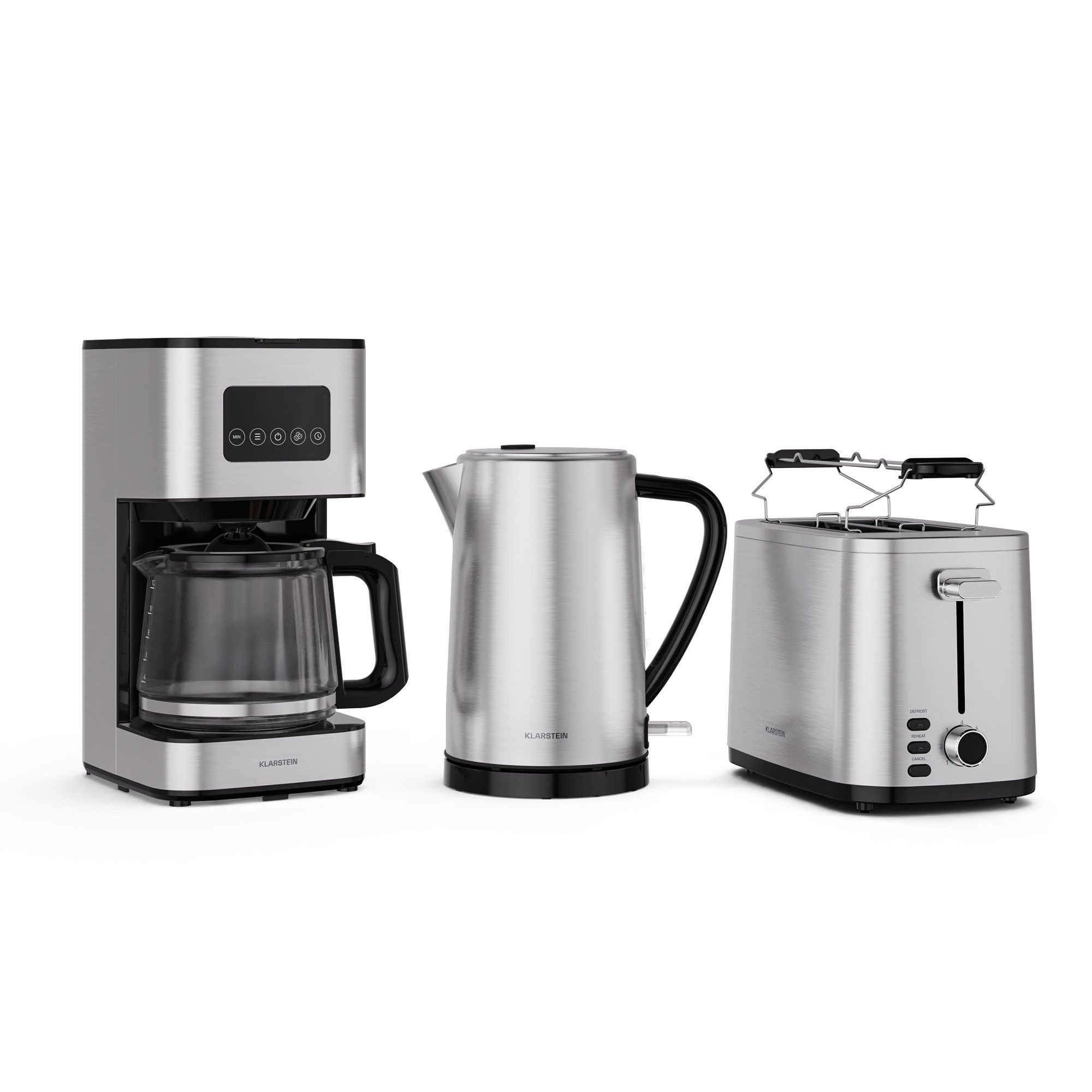 Klarstein Frühstücks-Set Verosteel (3-tlg), Toaster 800W Wasserkocher 1,7 L 2200W Kaffeemaschinen 900W Edelstahl