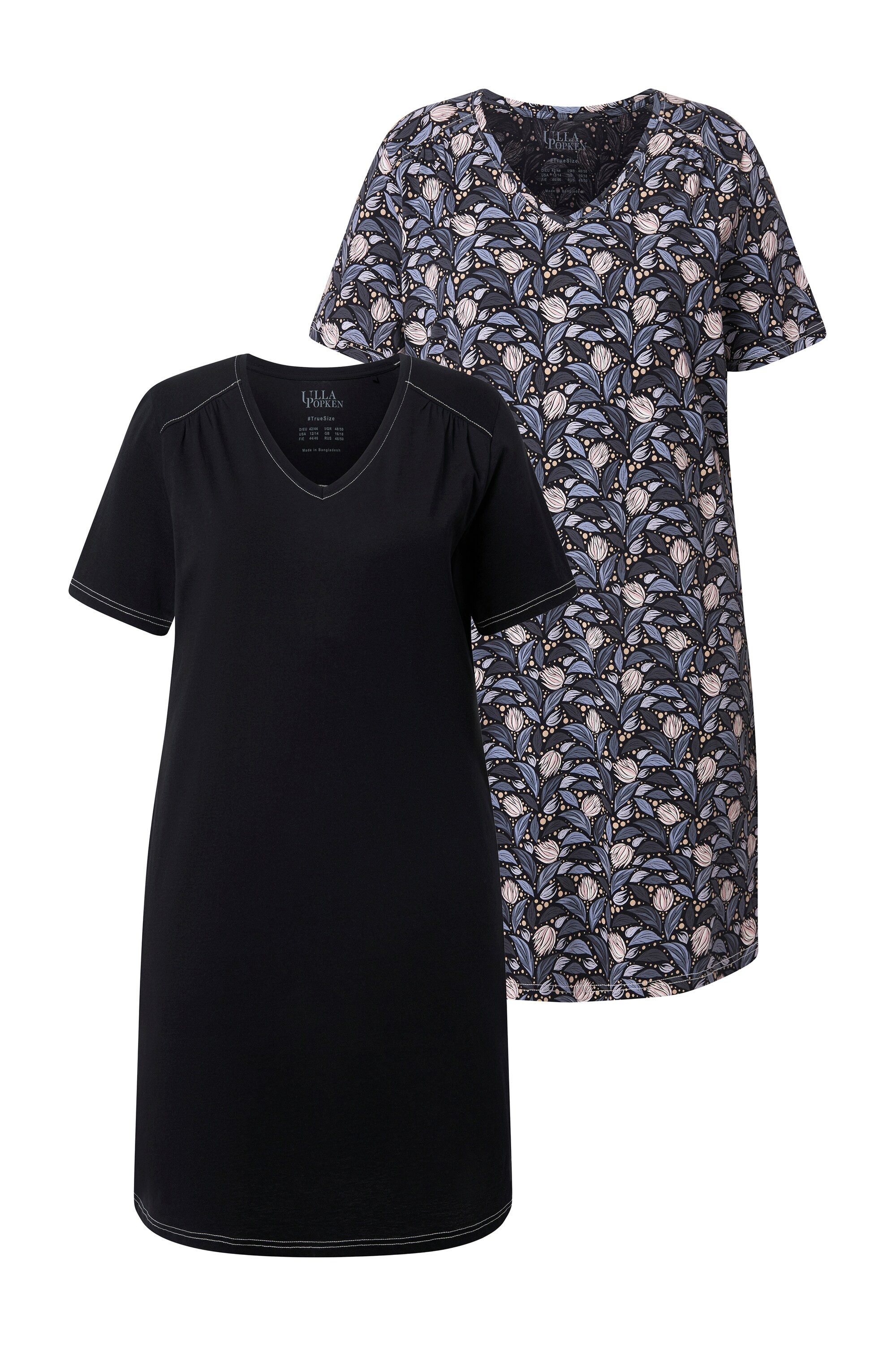 Ulla Popken Bigshirt Bigshirts 2er-Pack Blätter/uni V-Ausschnitt