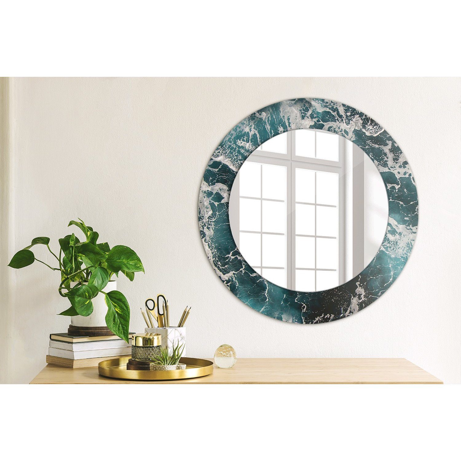 Wandmontage Tulup Modern Rund: Spiegel Meer Ø50cm Stürmisch Wandspiegel mit Spiegel Aufdruck