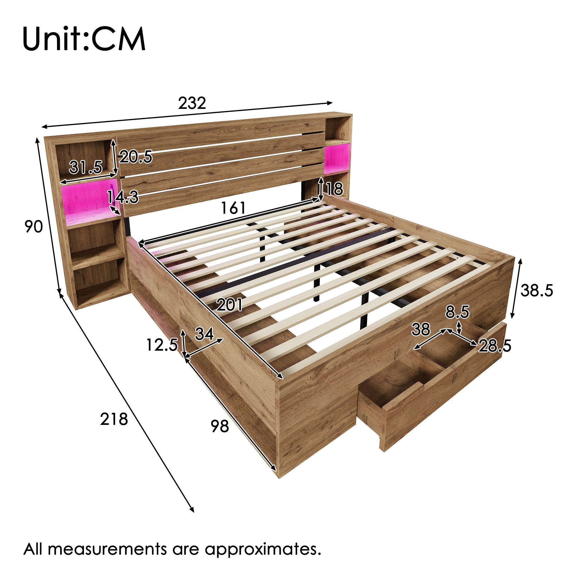 Ulife Stauraumbett aus Holz, mit LED, USB/Type-C, Doppelbett 180/160×200cm (1-tlg., Ohne Matratze), mehr offene Fächer, LED-Nische & 1 Schubladen. Stabilität 16 – Bild 2 von 5