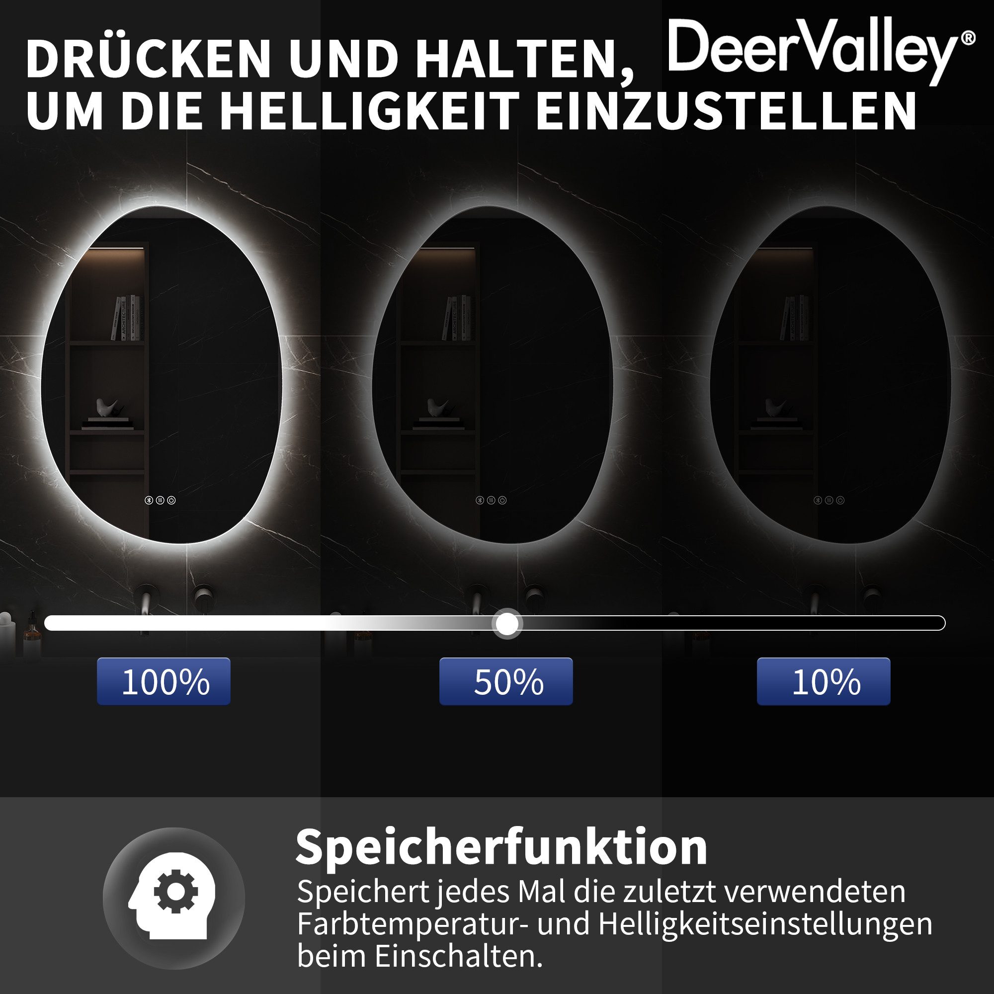 DeerValley LED-Lichtspiegel DeerValley Badezimmer Wandspiegel, Antibeschlag, Bluetooth Lautsprecher automatische Abschaltung energiesparend – Bild 4 von 5