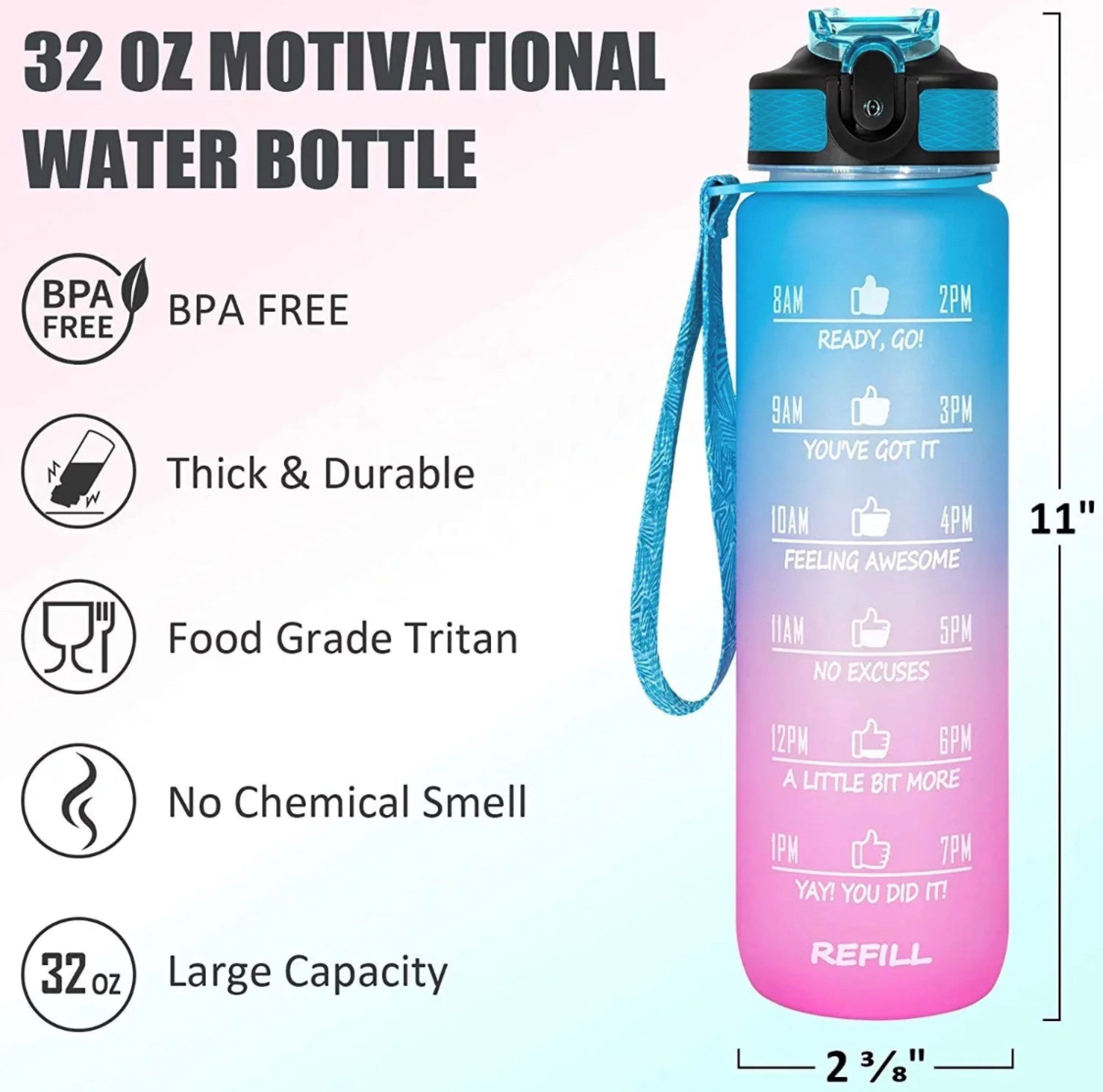 Botells Trinkflasche Sport Trinkflasche, Motivation, Wasserflasche + Strohhalm & Shakerball, Trinke während deiner Aktivität, leicht, auslaufsicher, motivierend