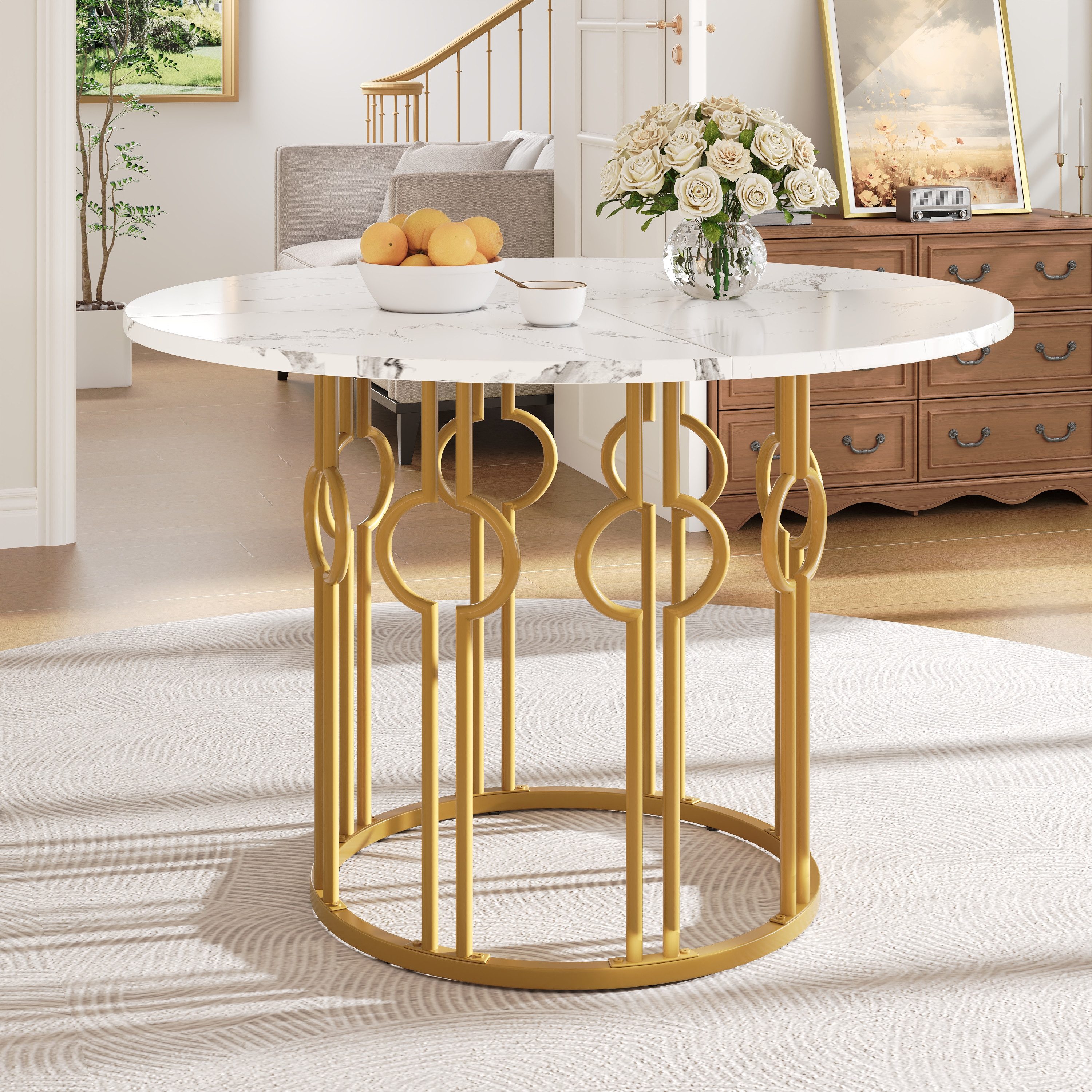 KLAM HOME Esstisch Runder Esstisch (100×100×76cm), Küchentisch, Runder Kaffeetisch für 4 (Tischbeine aus Metall,MDF marmorierte Tischplatte, goldene Beine), geeignet für Esszimmer, Wohnzimmer