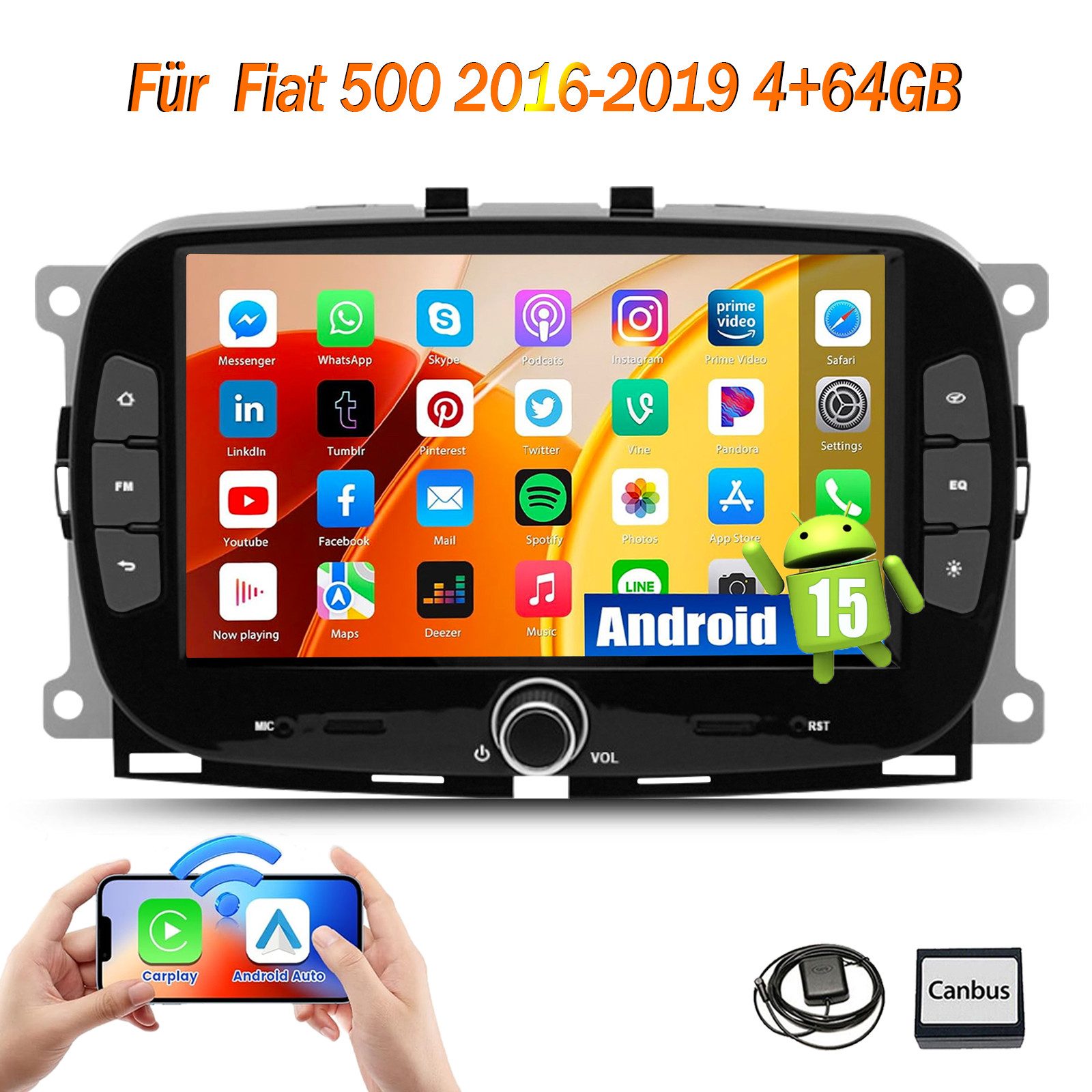 ESSGOO DAB+ Carplay Für Fiat 500 2016-2019 Android 15 Autoradio GPS Navi WIFI Autoradio (FM, RDS, 4+64GB(optional), DAB+ (optional), Carplay Android Auto Bluetooth EQ USB GPS Navi WIFI Touchscreen)