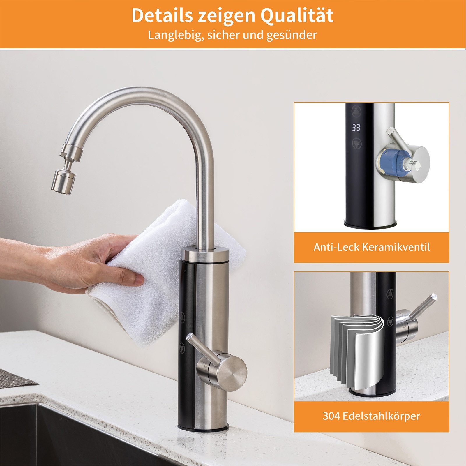 HOMELODY Küchenarmatur mit Durchlauferhitzer, Wasserhahn 360° drehbar,3-Stufen Touchregelung spültischarmatur küche,Elektrische Durchlauferhitzer,Gebürstet – Bild 5 von 5